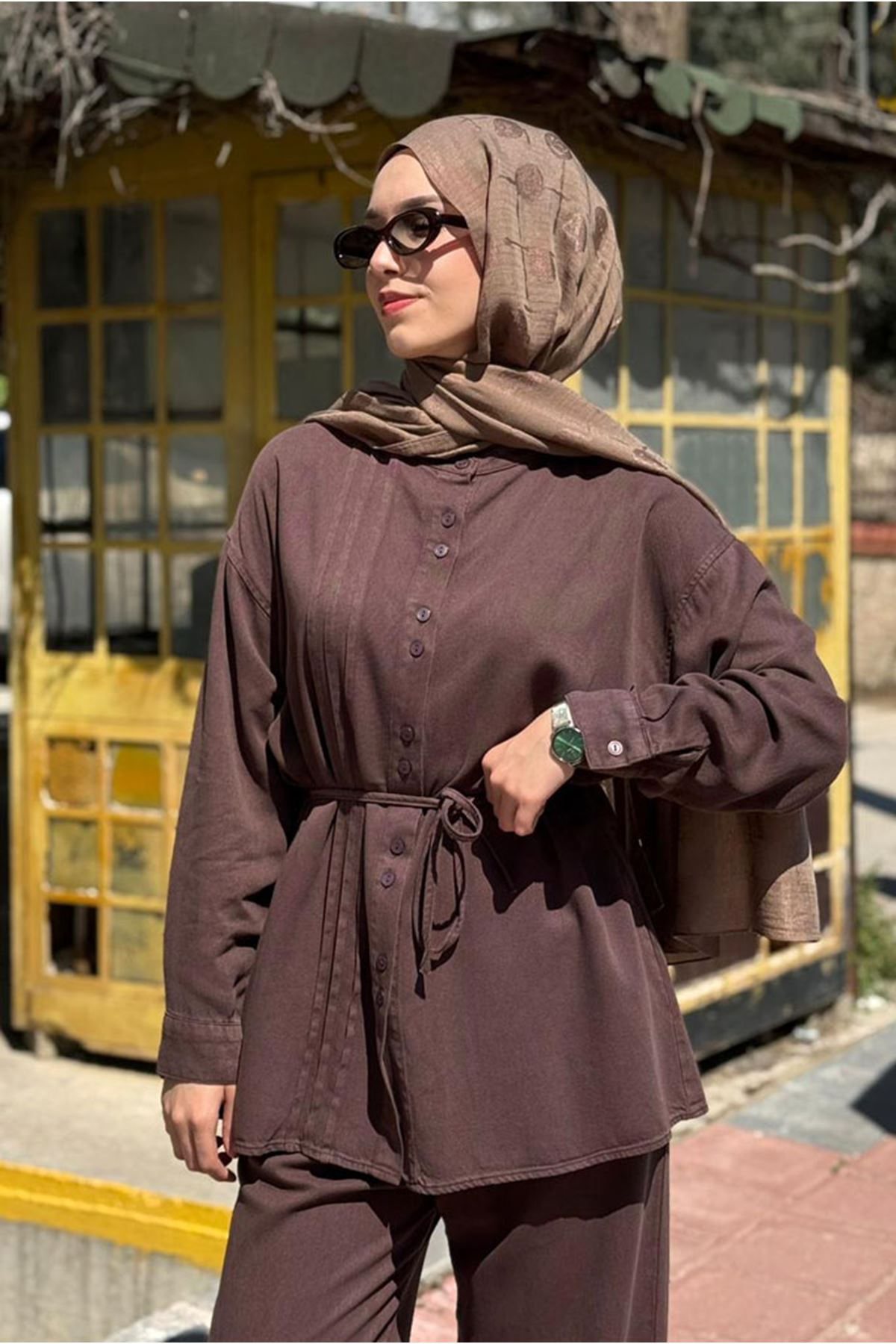 26Y6624 - KAHVE - TENCEL KOT BAĞLAMALI TAKIM