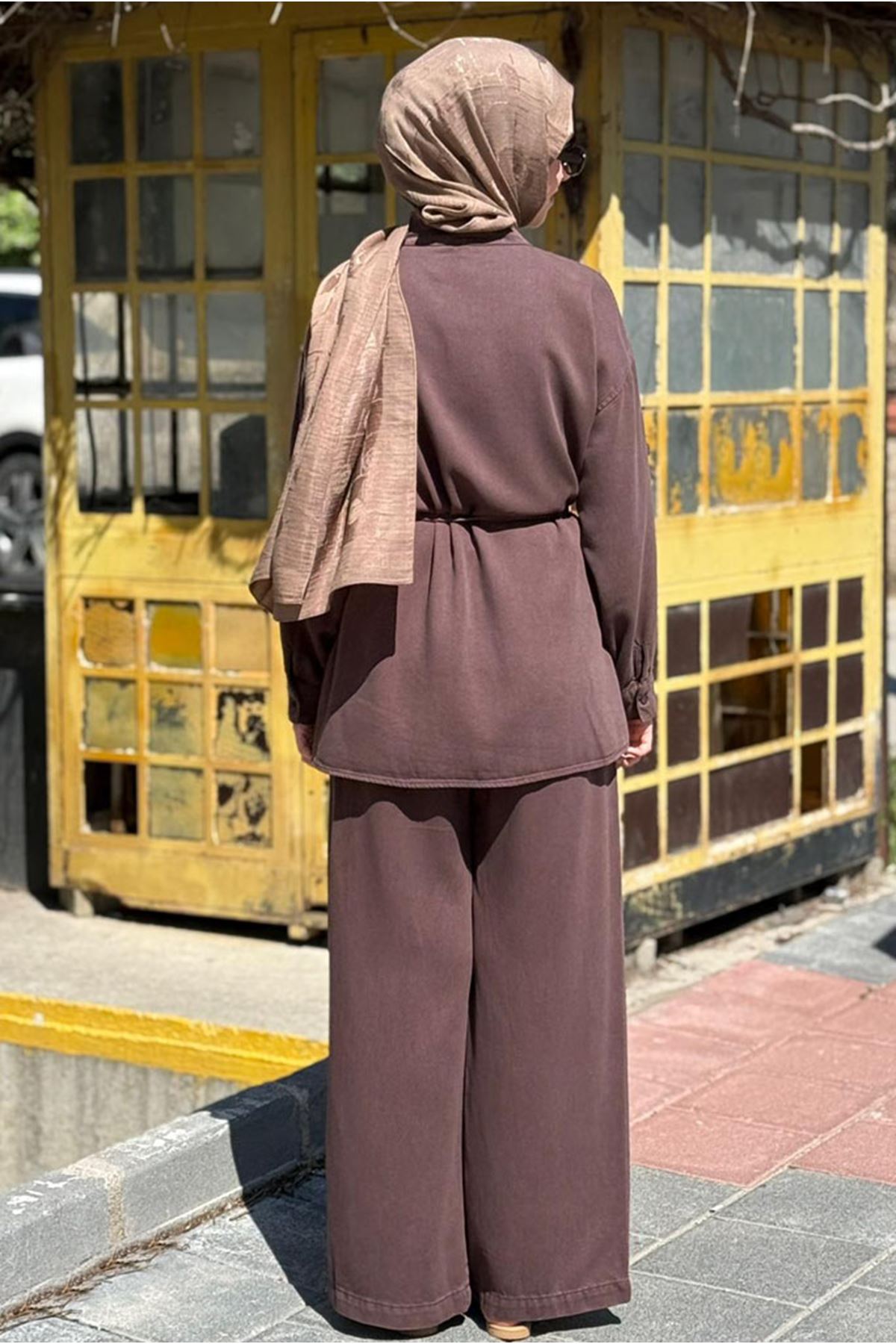 26Y6624 - KAHVE - TENCEL KOT BAĞLAMALI TAKIM