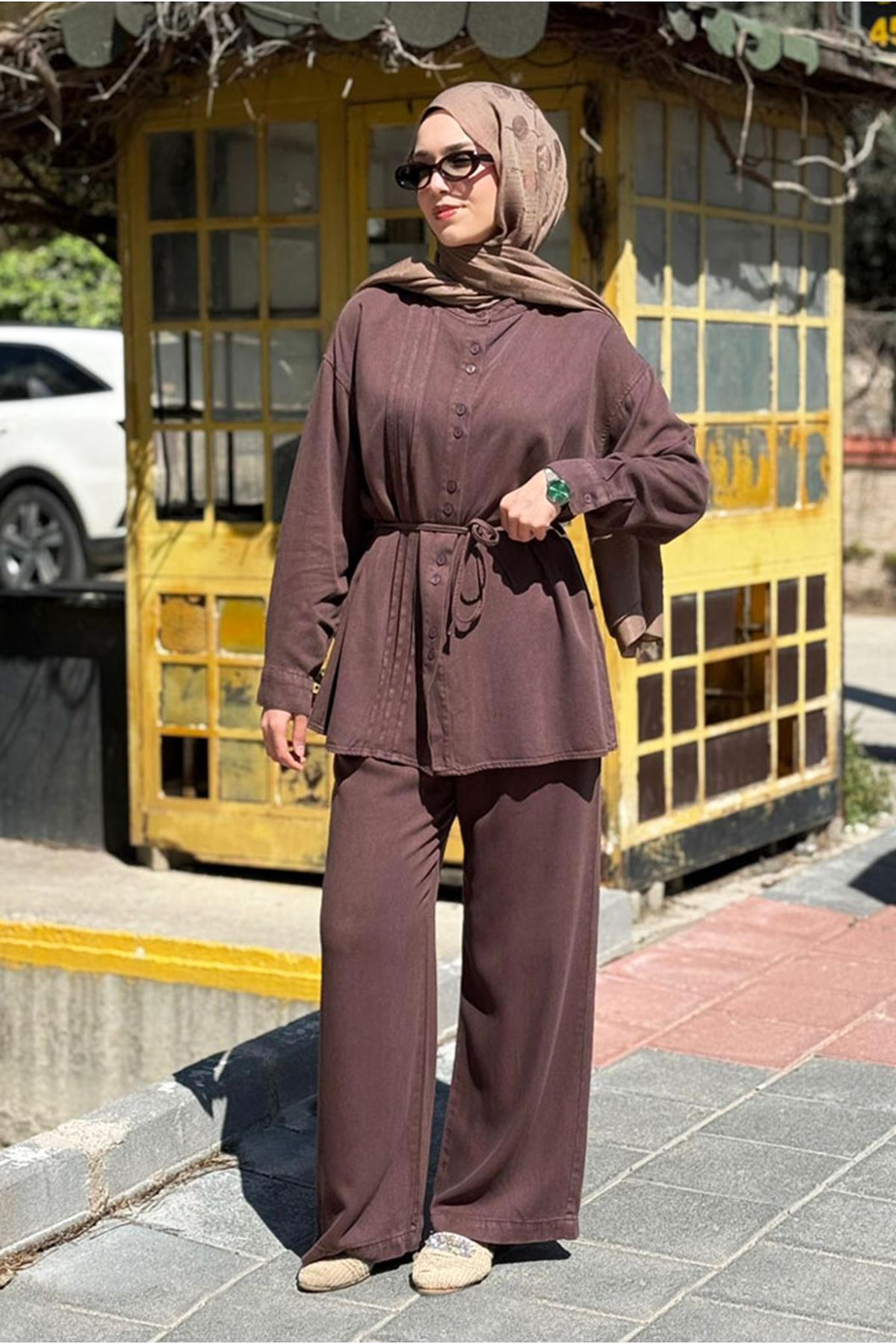 26Y6624 - KAHVE - TENCEL KOT BAĞLAMALI TAKIM