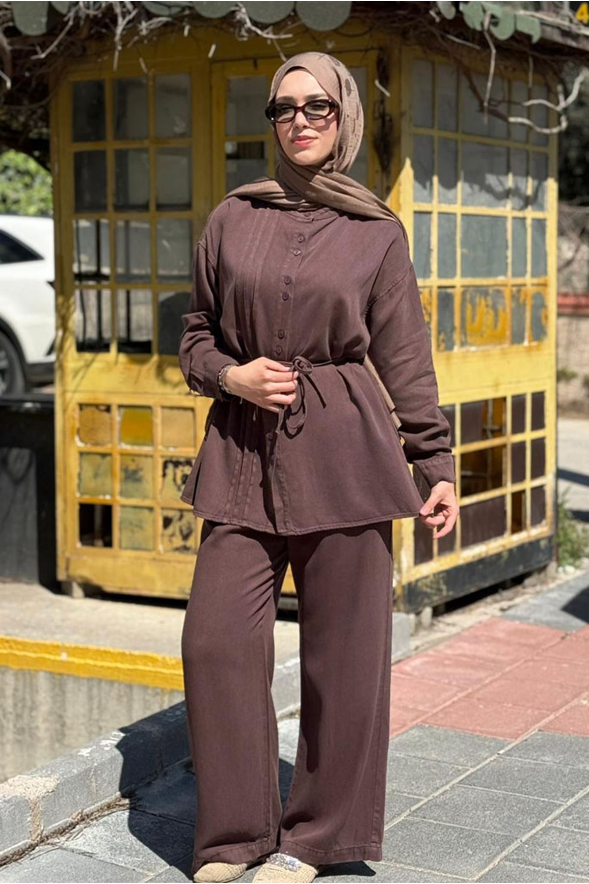 26Y6624 - KAHVE - TENCEL KOT BAĞLAMALI TAKIM