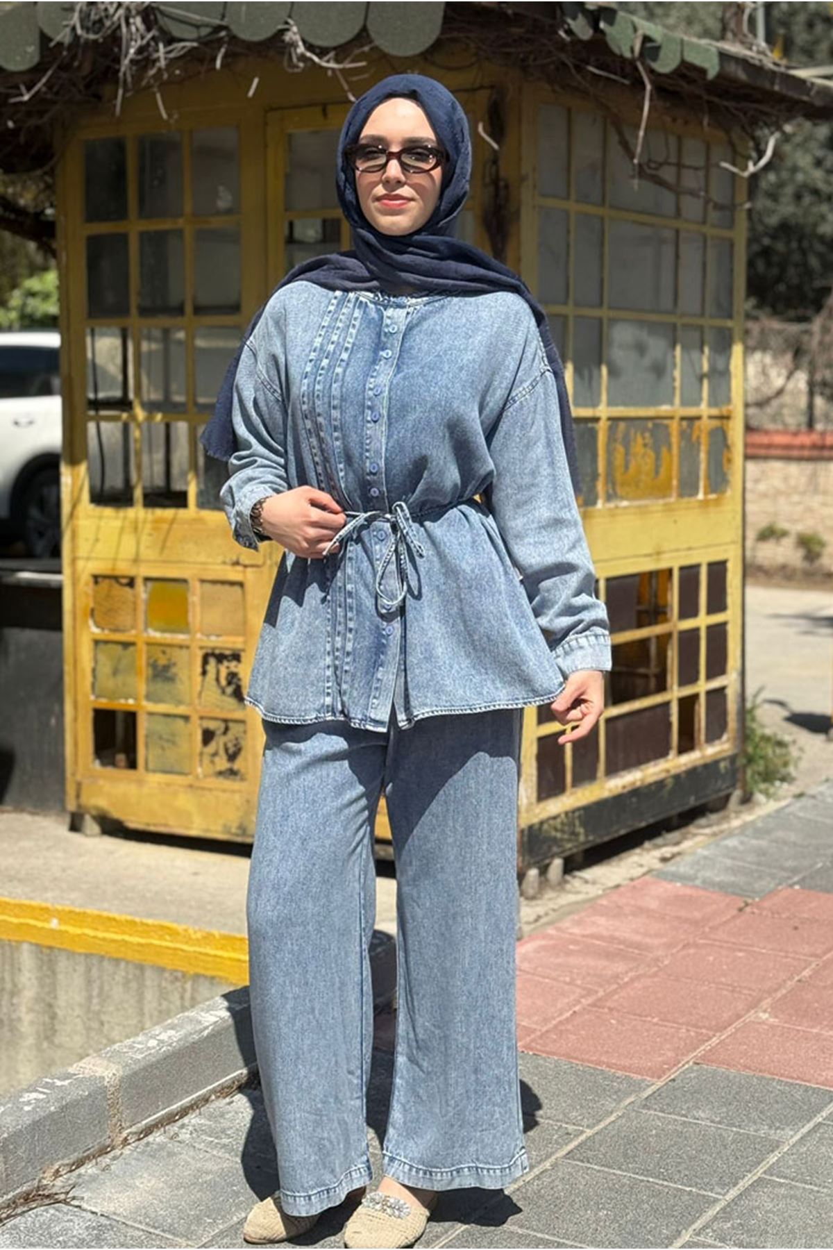 26Y6624 - KOT MAVİ - TENCEL KOT BAĞLAMALI TAKIM