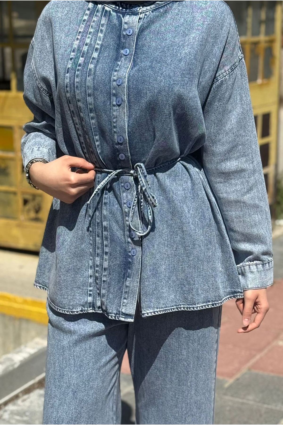 26Y6624 - KOT MAVİ - TENCEL KOT BAĞLAMALI TAKIM