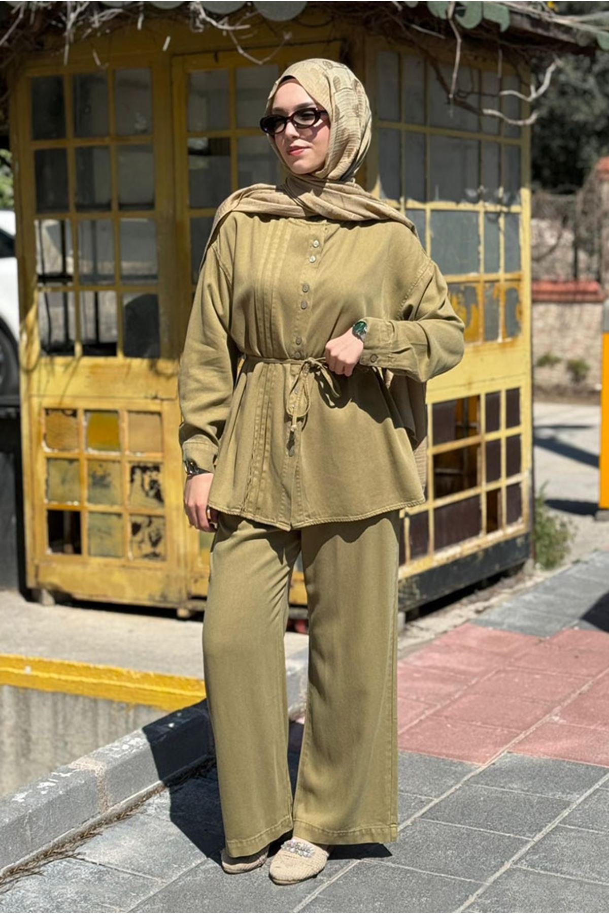 26Y6624 - YAĞ YEŞİLİ - TENCEL KOT BAĞLAMALI TAKIM 