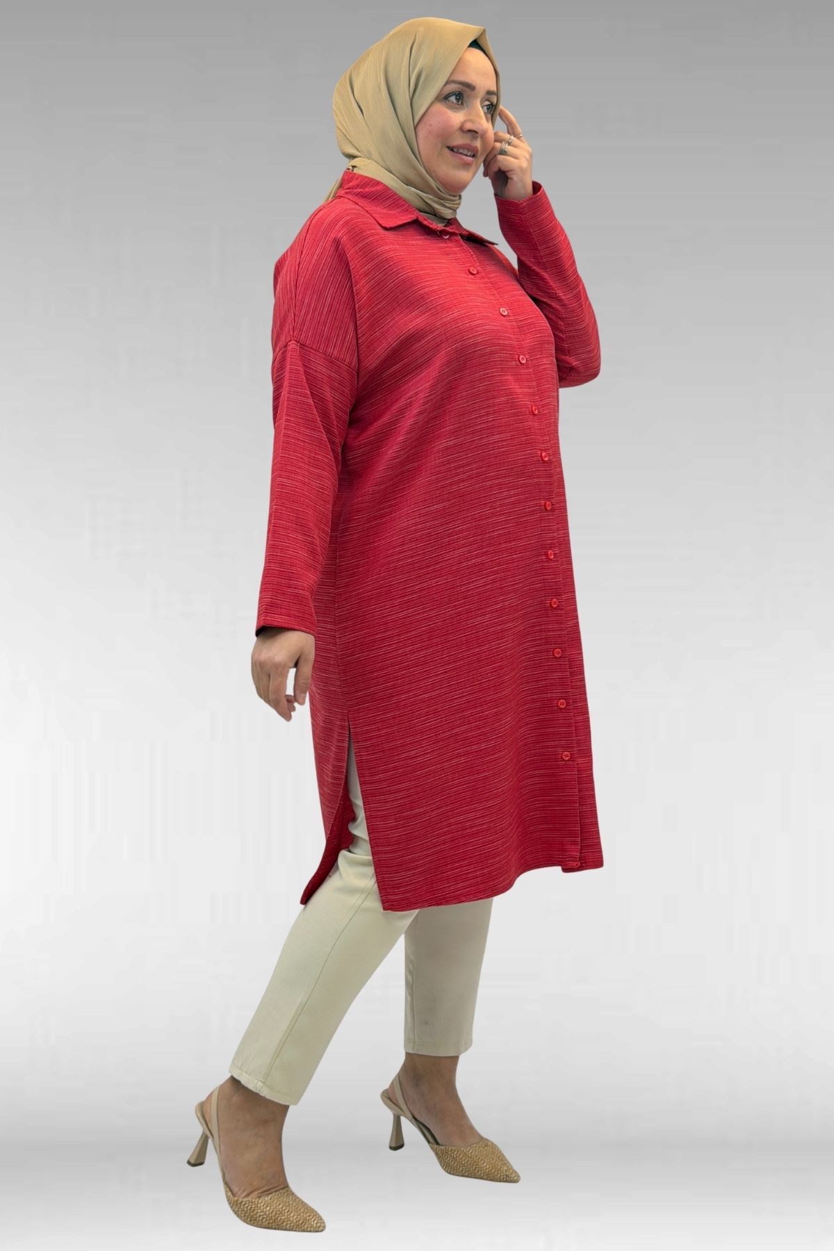 68018 Büyük Beden Düşük Kol Gömlek - Kırmızı