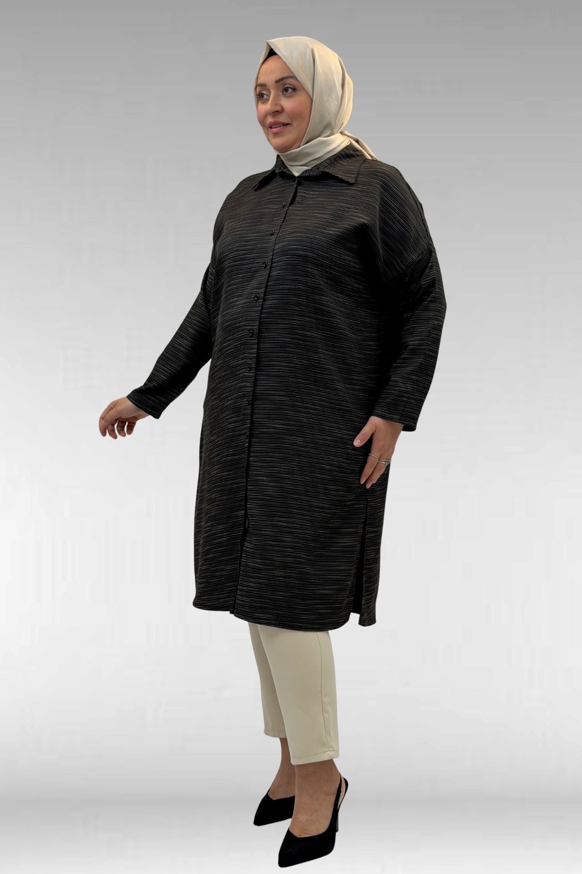 68018 Büyük Beden Düşük Kol Gömlek - Siyah