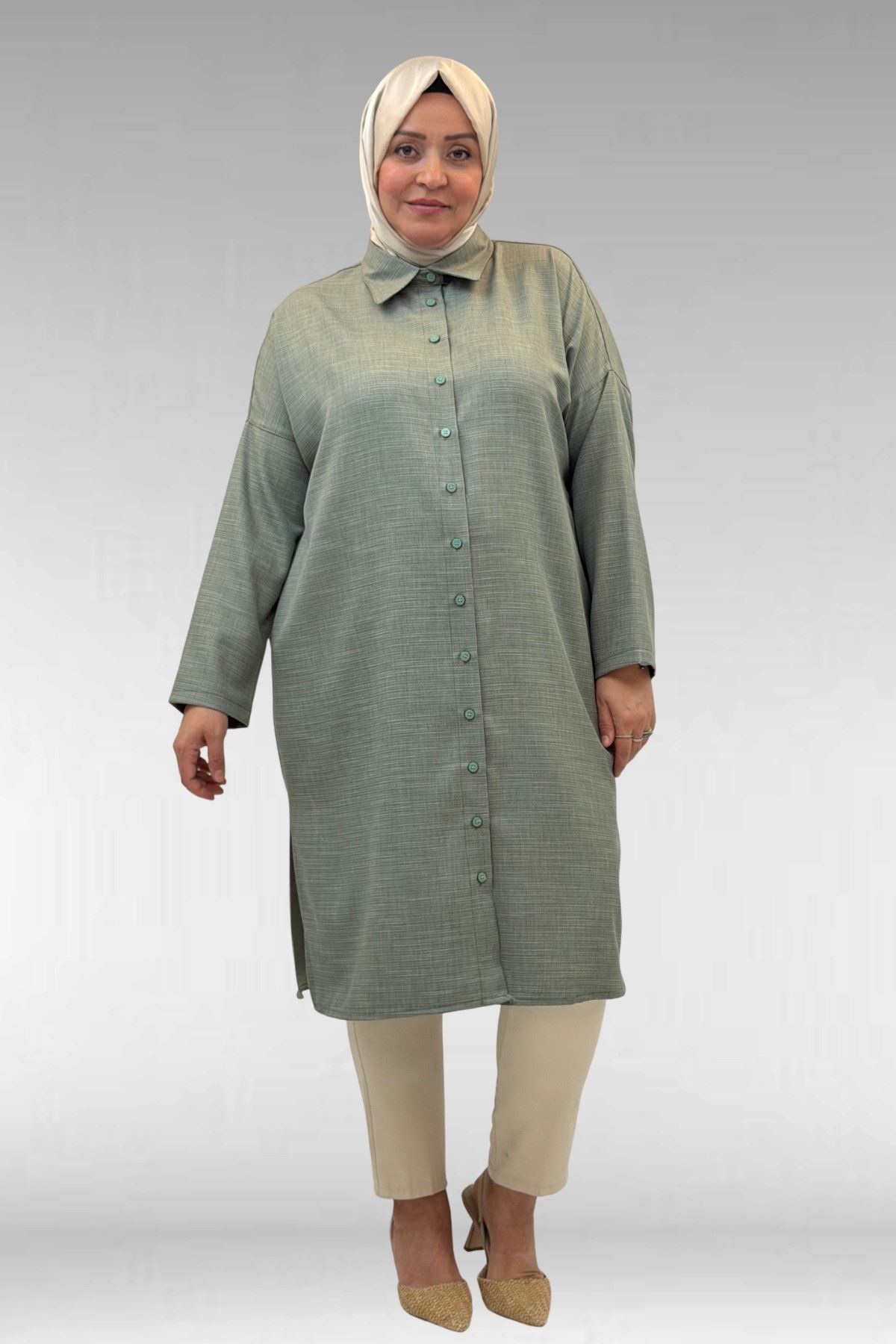 68018 Büyük Beden Düşük Kol Gömlek - Nefti