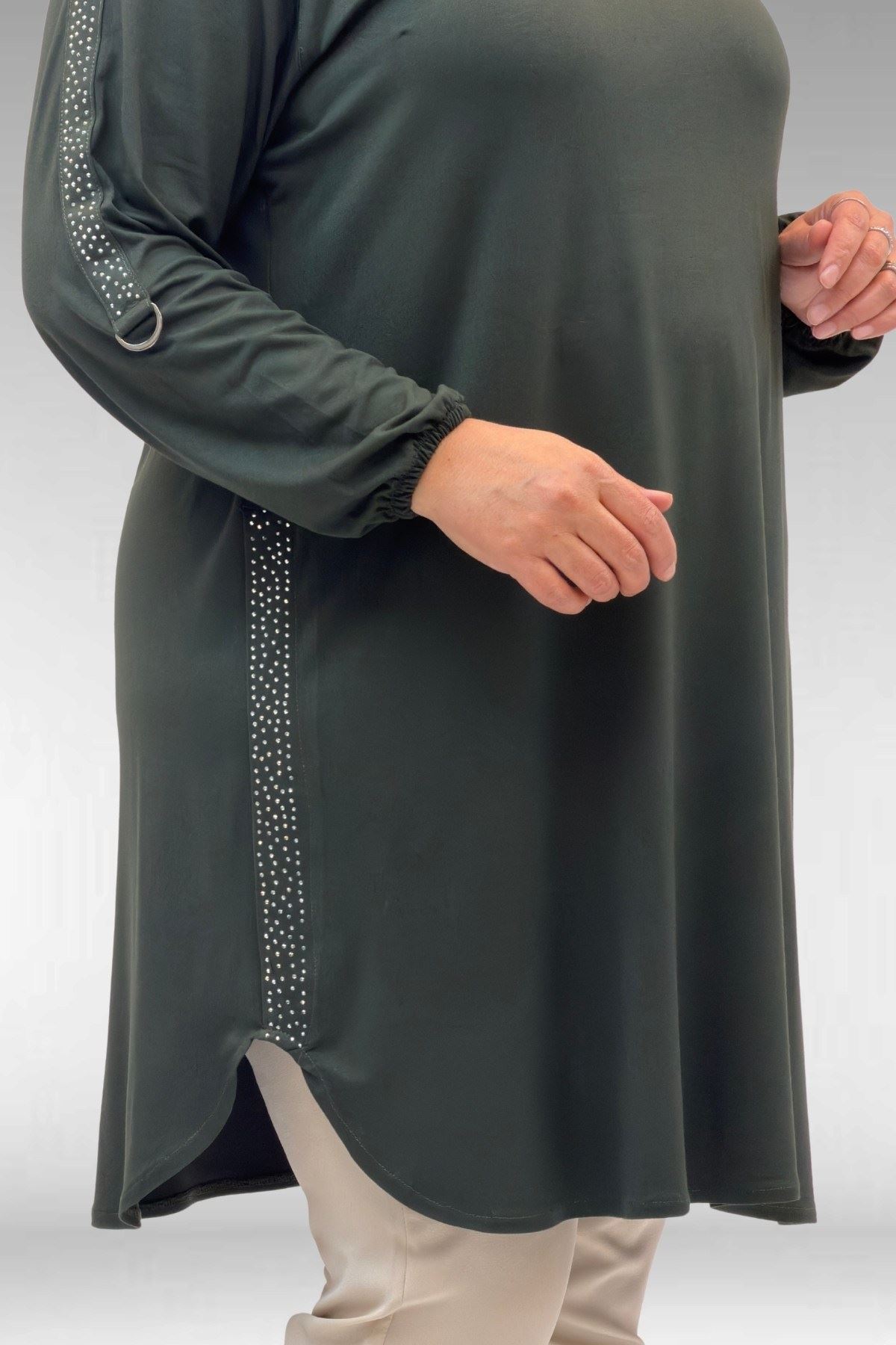 68016 Büyük Beden Yanları Taş Detaylı Penye Tunik - Haki