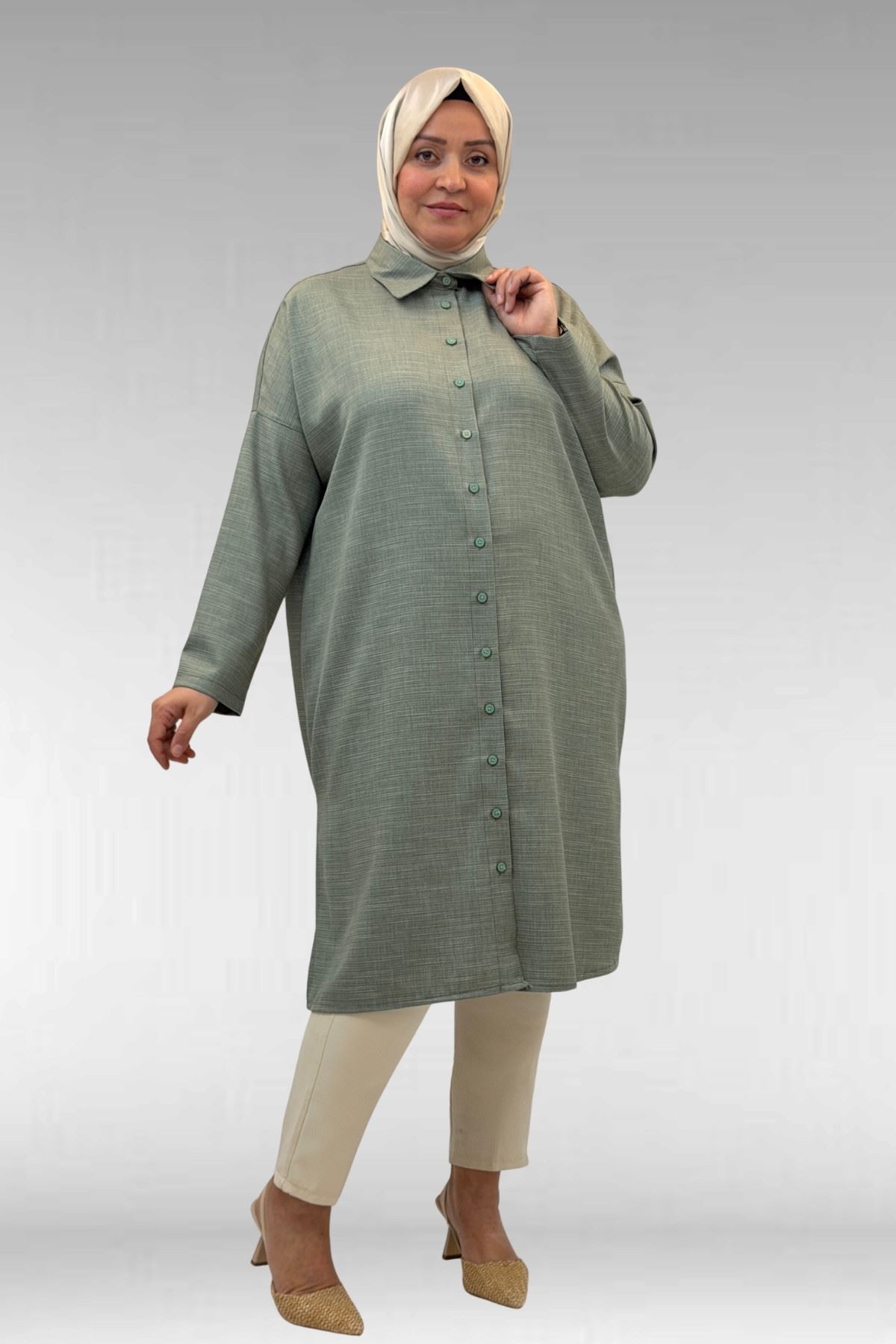 68018 Büyük Beden Düşük Kol Gömlek - Nefti