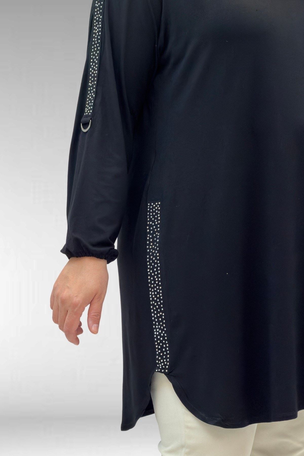 68016 Büyük Beden Yanları Taş Detaylı Penye Tunik - Siyah