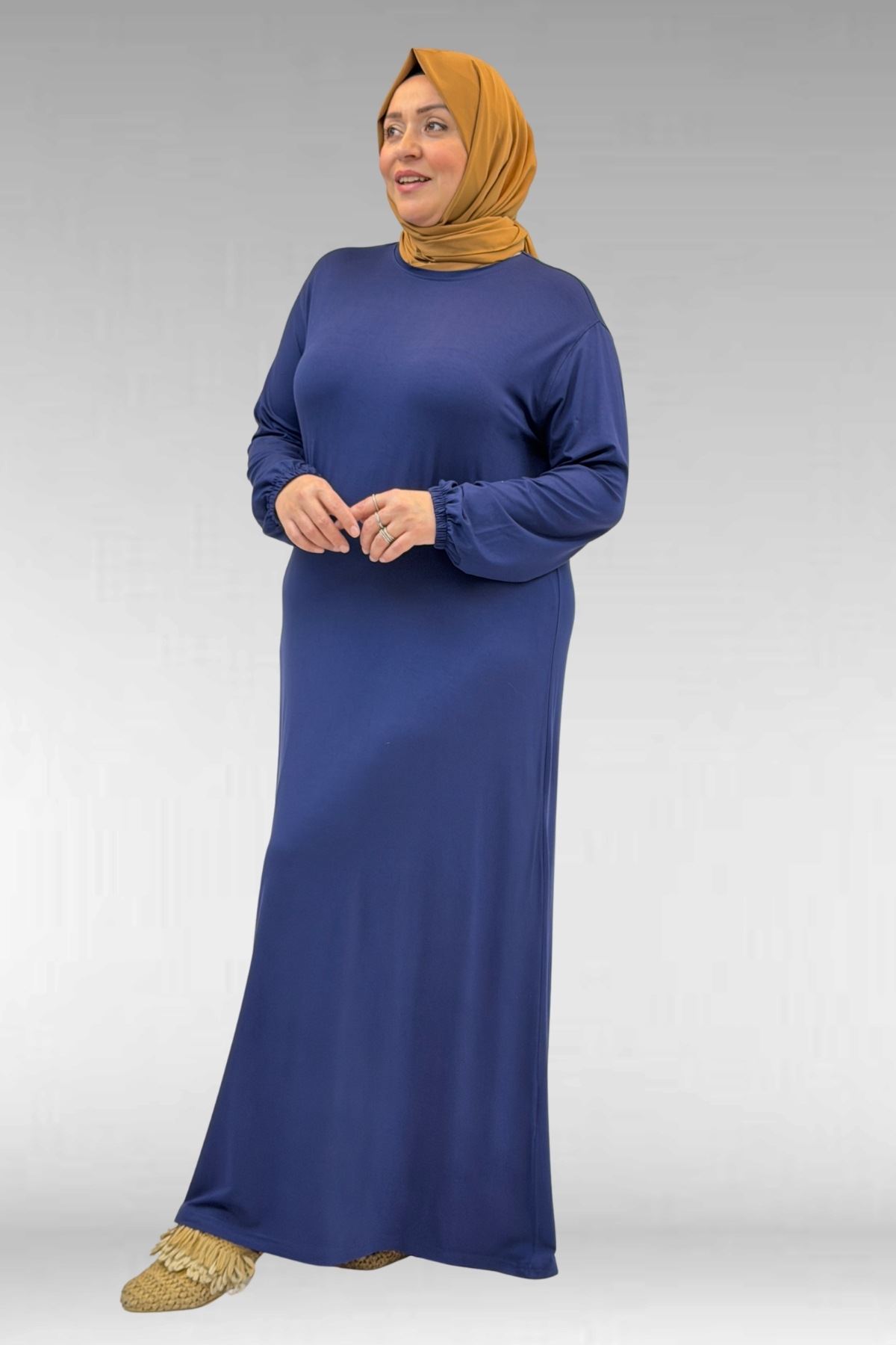 22008 Büyük Beden Kolu Lastikli Penye Elbise - İndigo