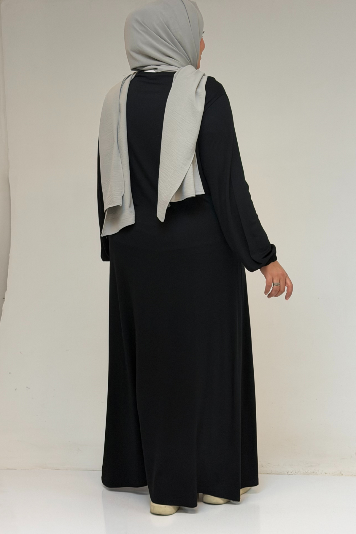 22008 Büyük Beden Kolu Lastikli Penye Elbise - Siyah