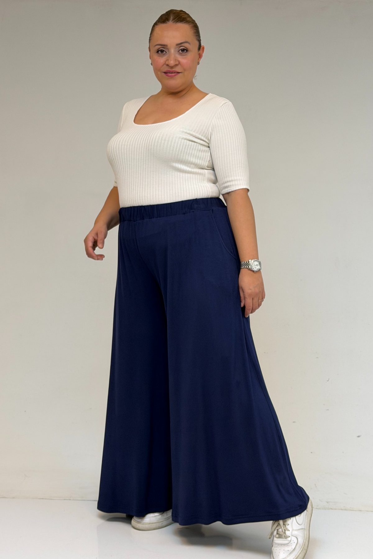 49003 Büyük Beden Beli Lastikli Penye Etek Pantolon - İndigo
