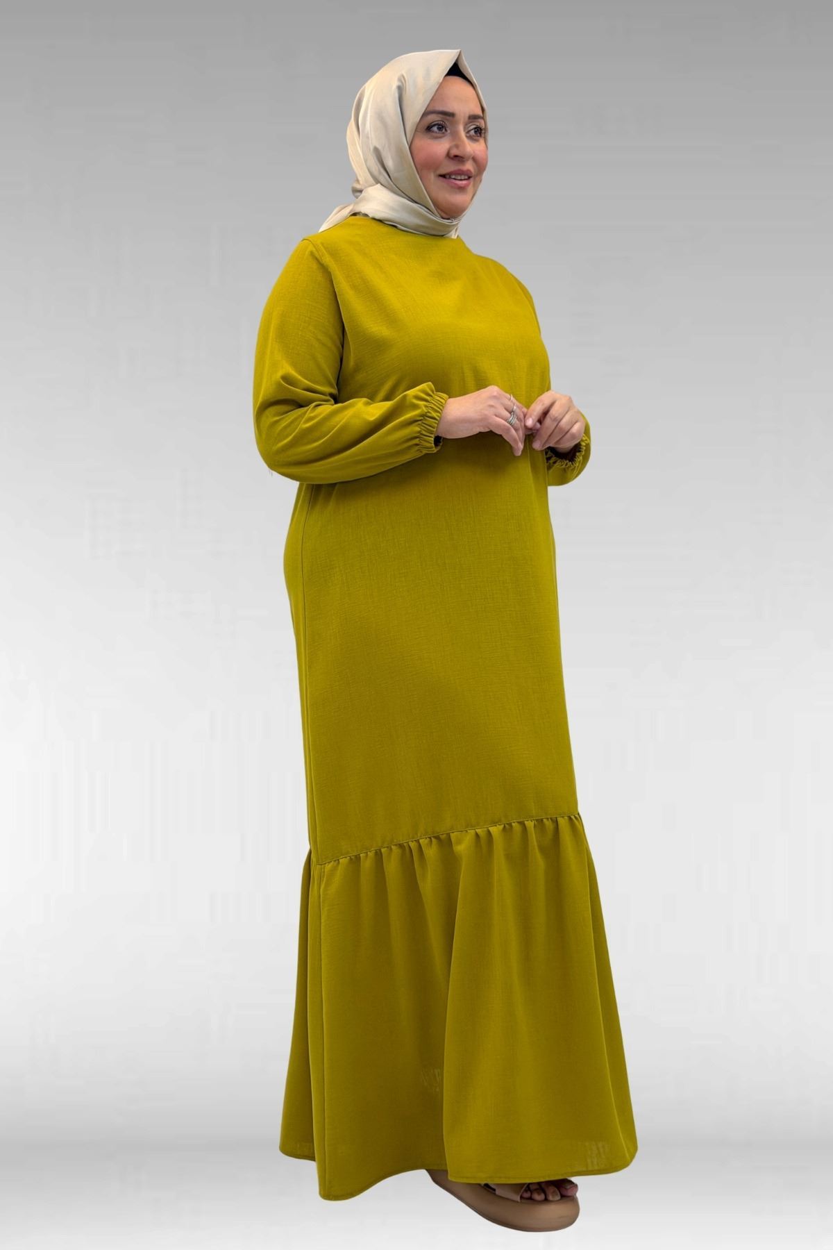 42027 Büyük Beden Eteği Büzgülü  Keten Elbise - Yağ Yeşili