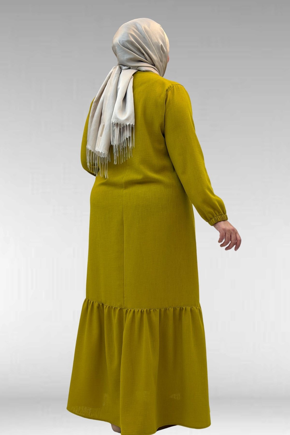 42027 Büyük Beden Eteği Büzgülü  Keten Elbise - Yağ Yeşili