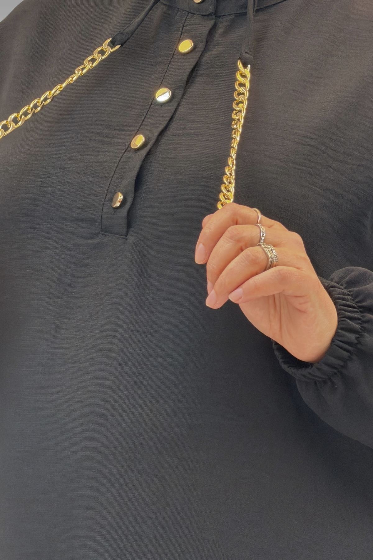 42010 Büyük Beden Keten Airobin Düğmeli Elbise-Siyah