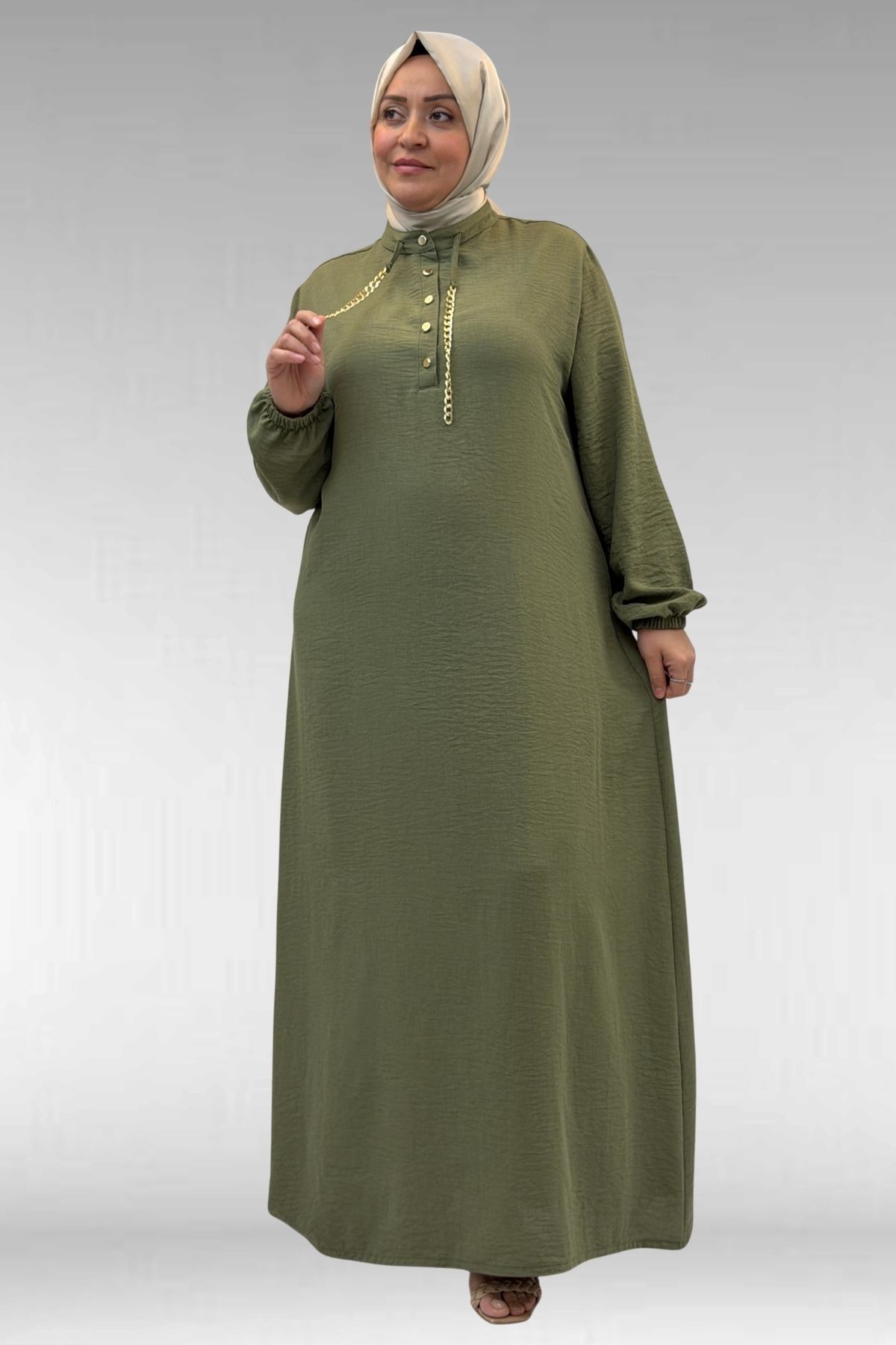 42010 Büyük Beden Keten Airobin Zincir Detaylı Elbise - Haki