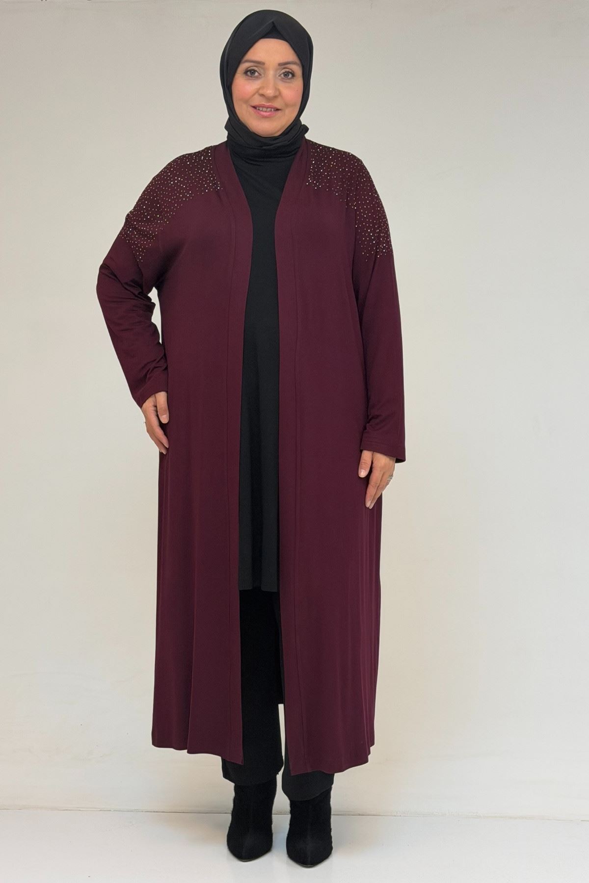 53069 Büyük Beden Omzu Taş Detaylı Penye Ceket - Bordo