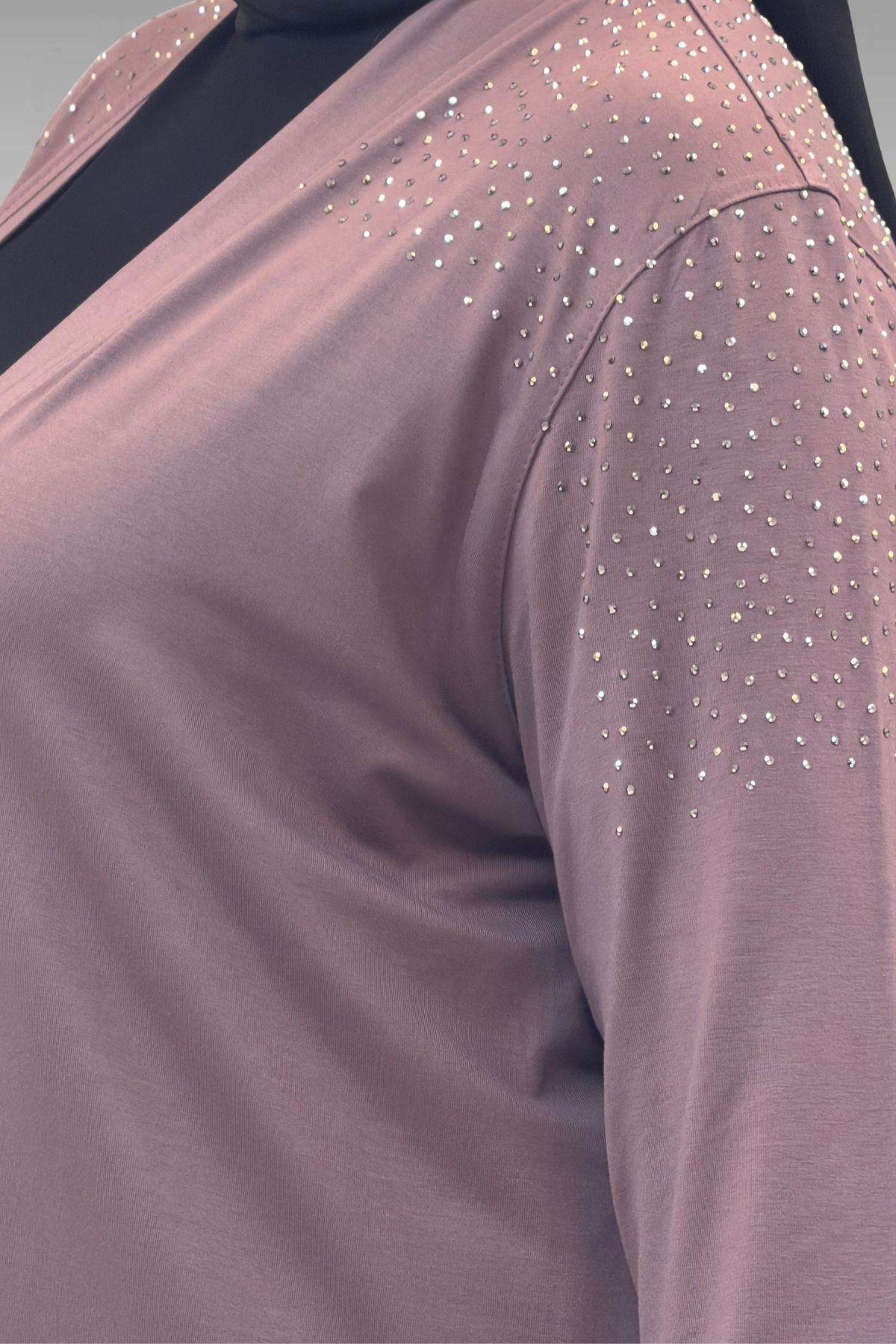 53069 Büyük Beden Omzu Taş Detaylı Penye Ceket - Vizon