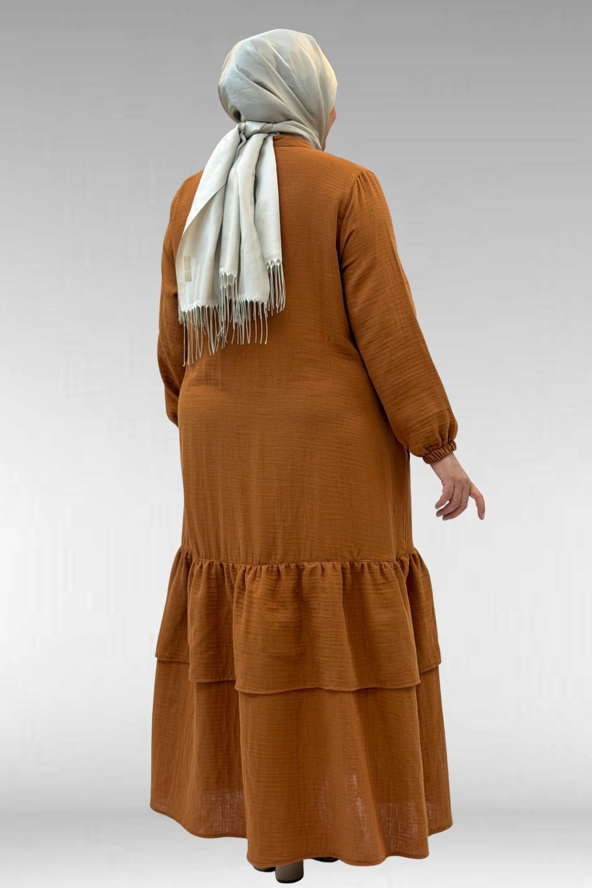 66002 Büyük Beden Eteği Fırfırlı Kolları Lastikli Müslin Ferace - Tarçın