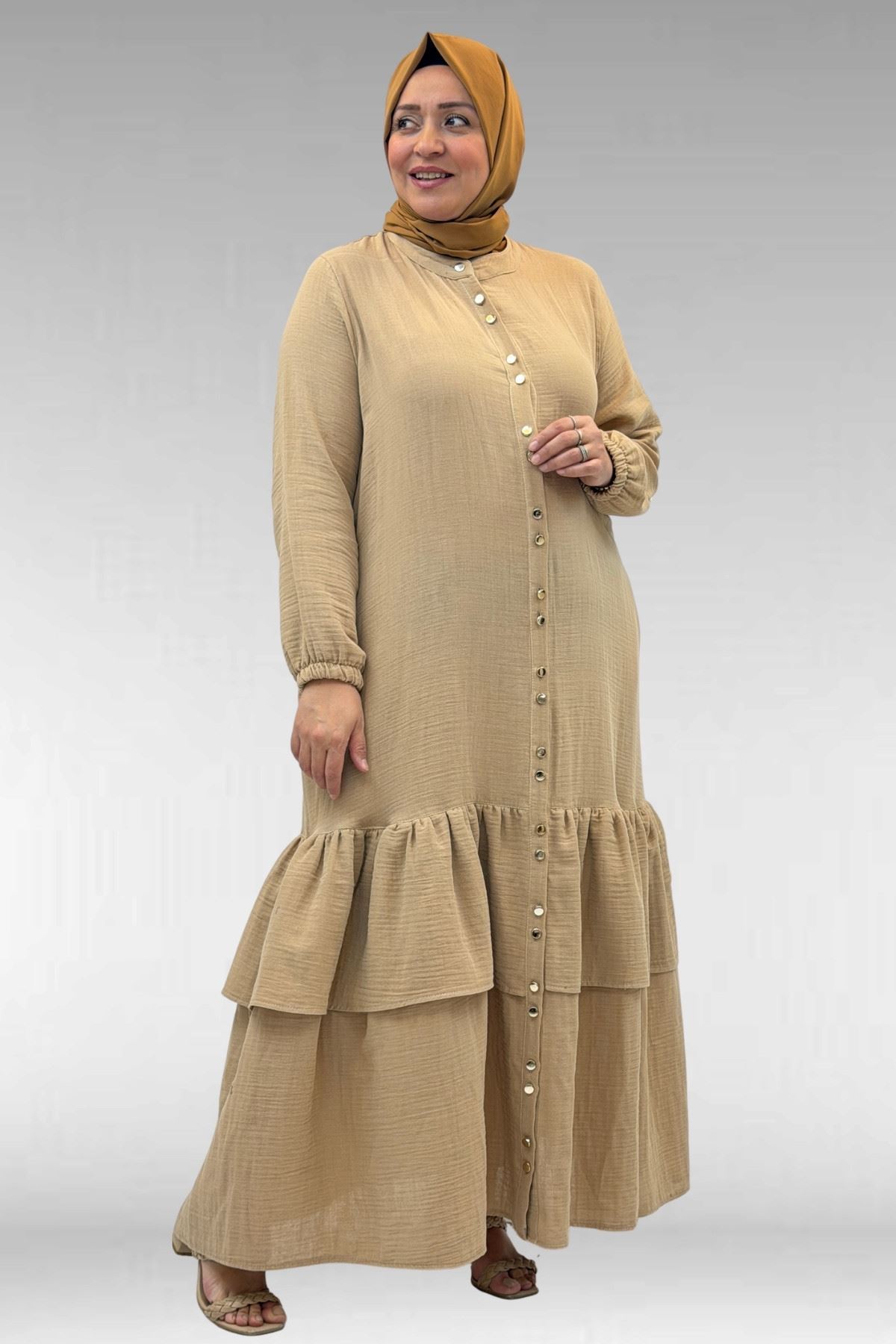 66002 Büyük Beden Eteği Fırfırlı Kolları Lastikli Müslin Ferace - Bej