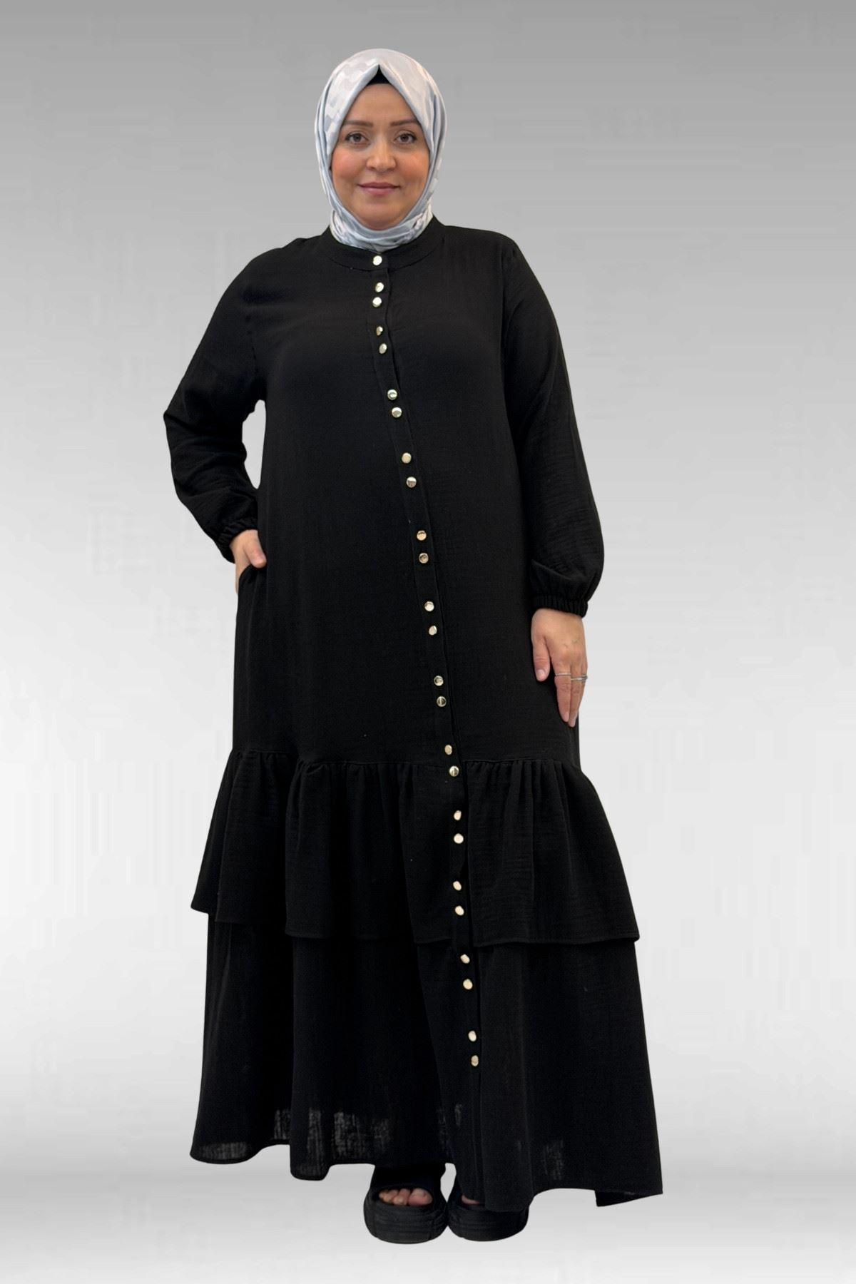 66002 Büyük Beden Eteği Fırfırlı Kolları Lastikli Müslin Ferace - Siyah