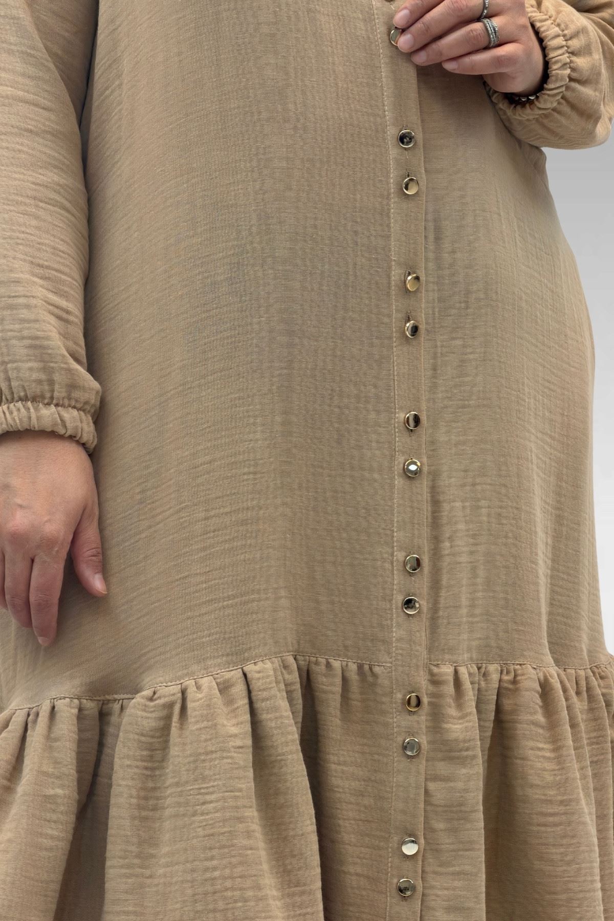 66002 Büyük Beden Eteği Fırfırlı Kolları Lastikli Müslin Ferace - Bej