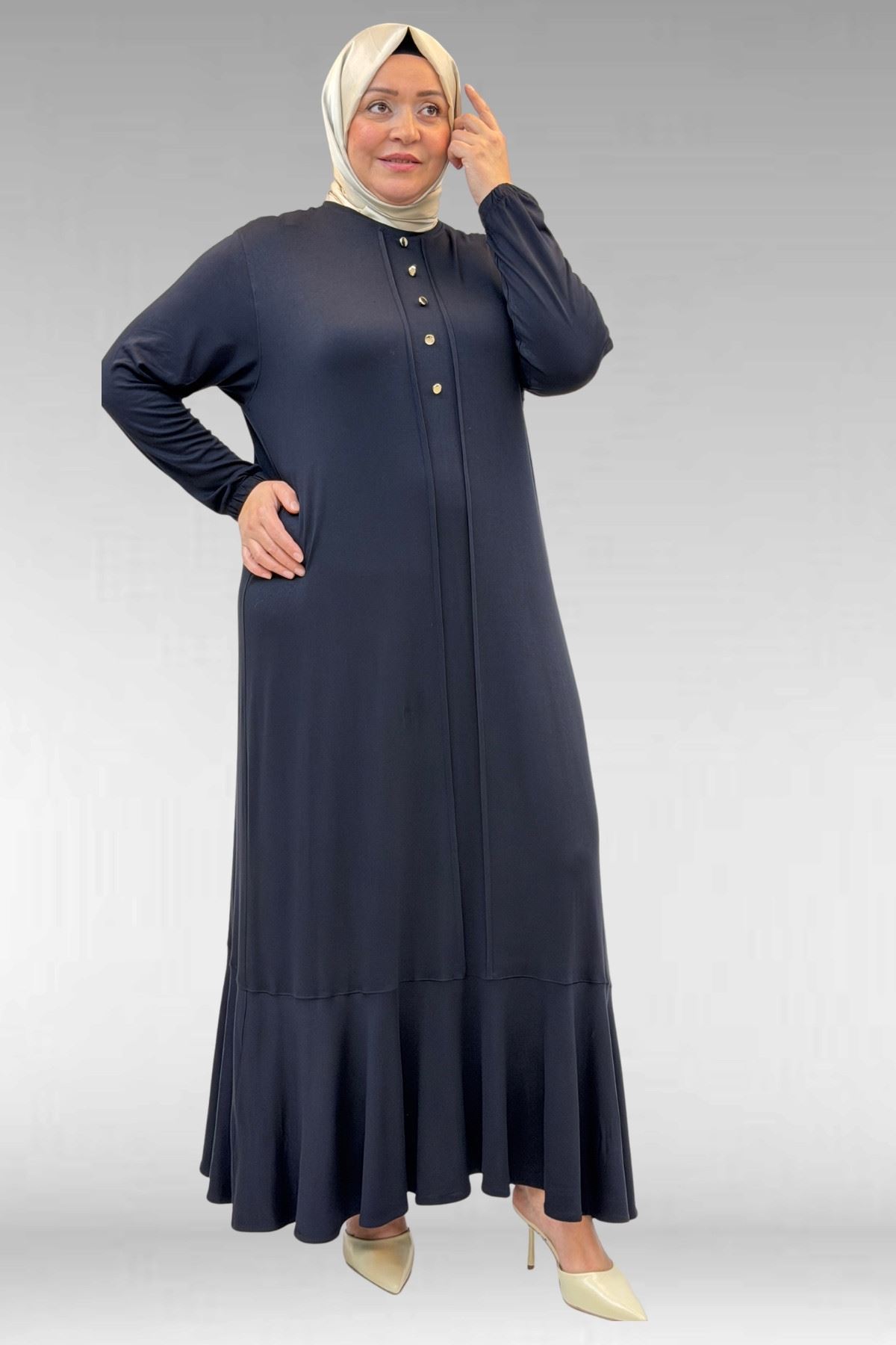 62006 Büyük Beden Önü Çıma Detaylı Penye Elbise - Koyu Lacivert