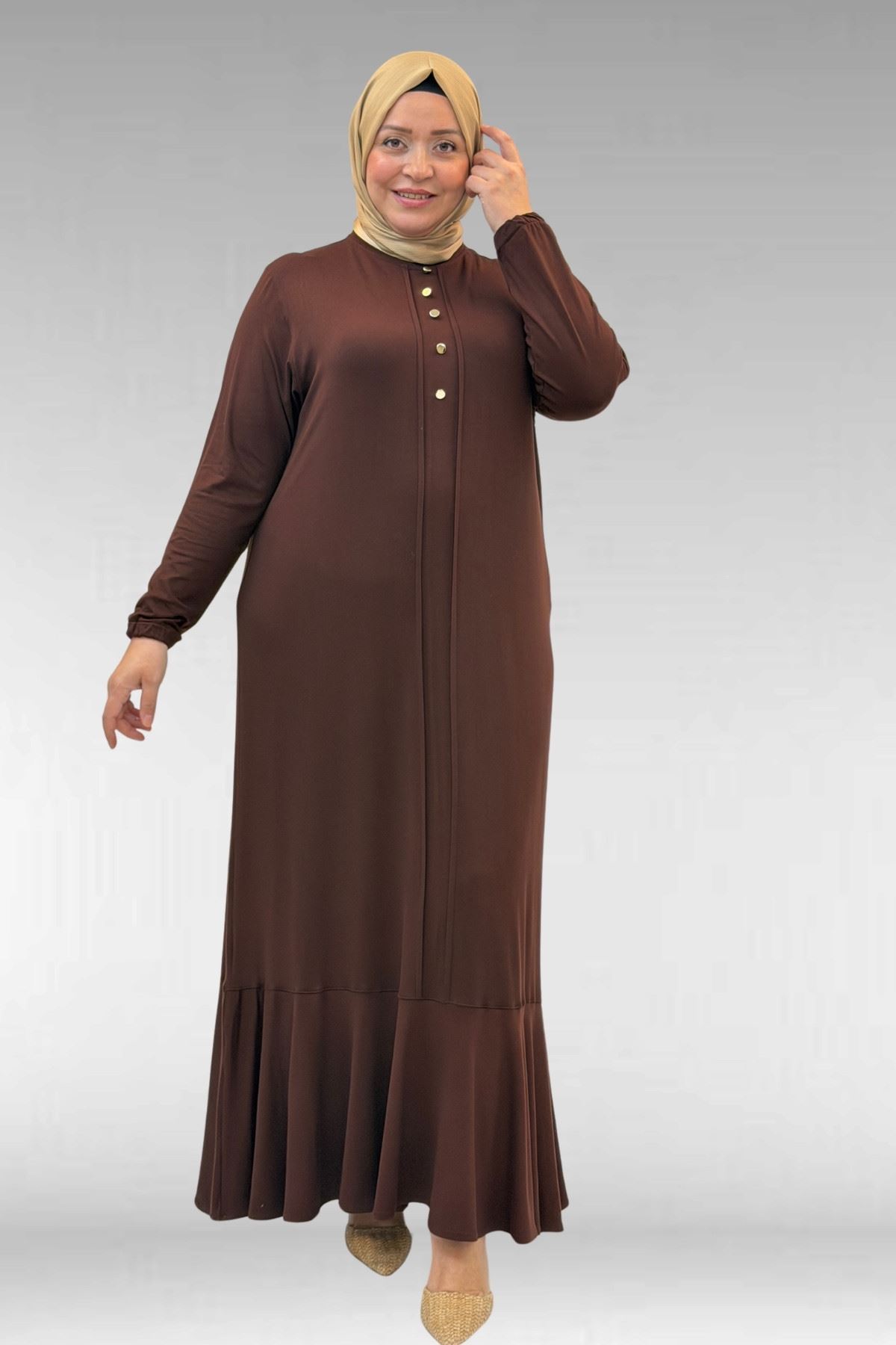 62006 Büyük Beden Önü Çıma Detaylı Penye Elbise - Kahve