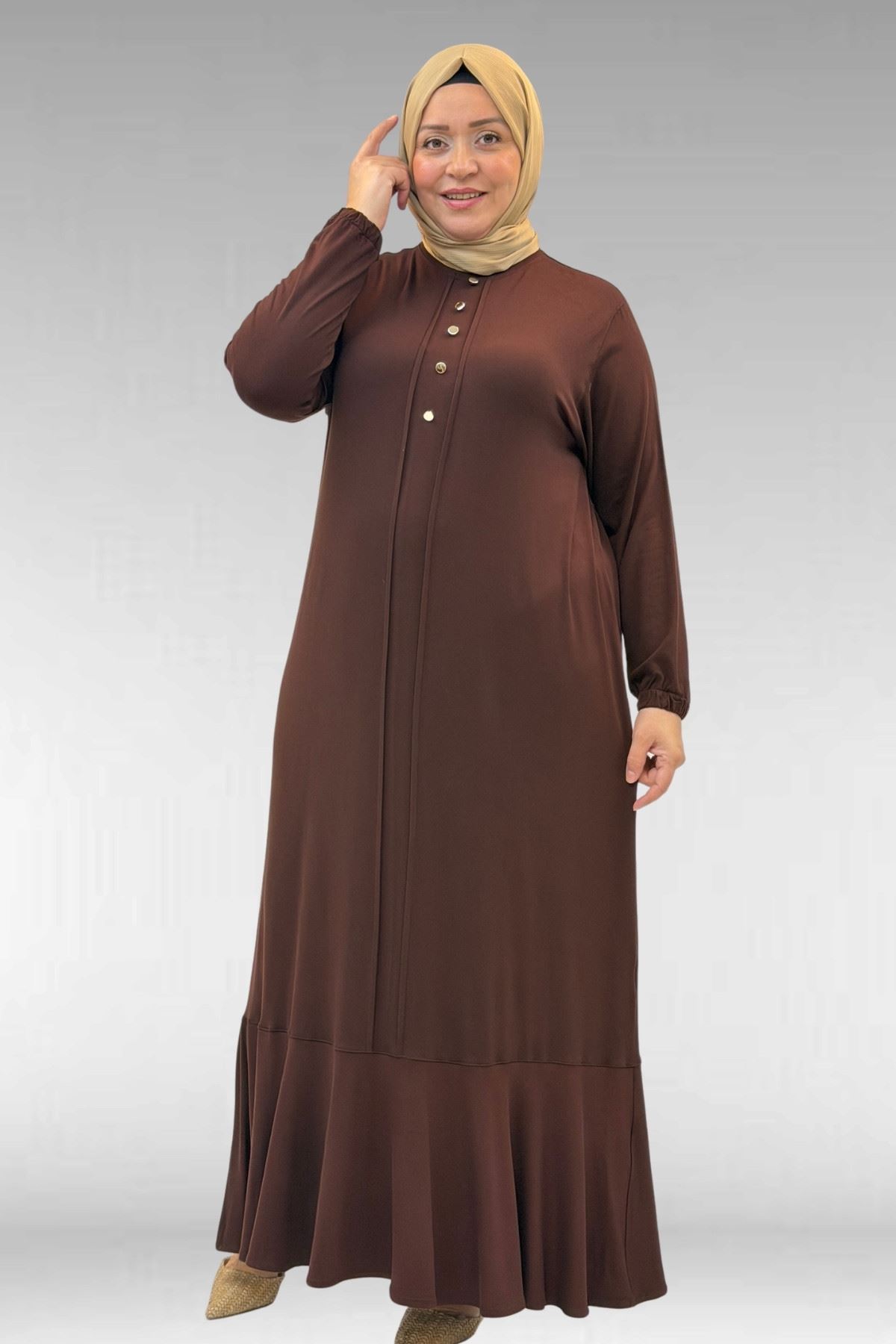 62006 Büyük Beden Önü Çıma Detaylı Penye Elbise - Kahve