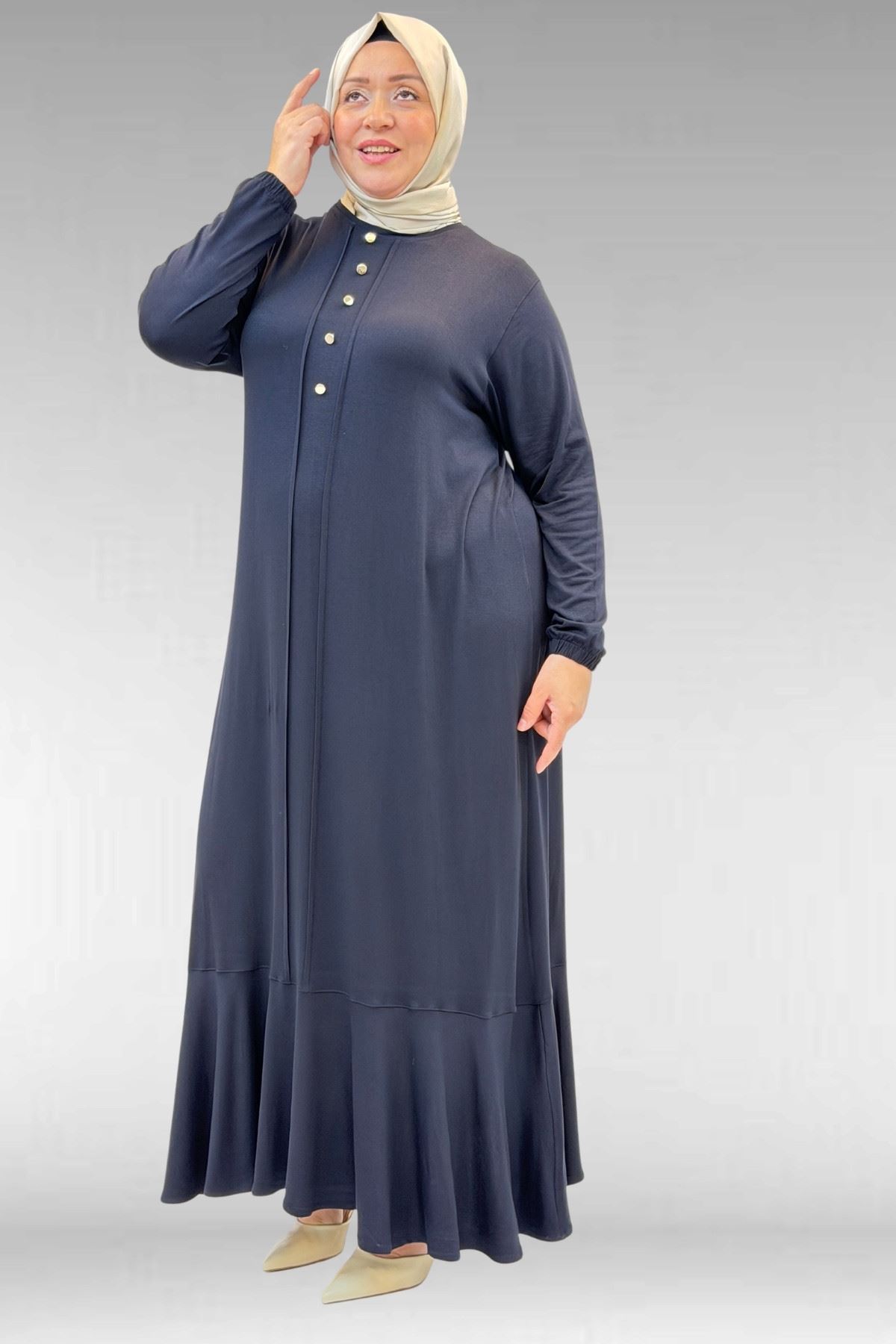 62006 Büyük Beden Önü Çıma Detaylı Penye Elbise - Koyu Lacivert