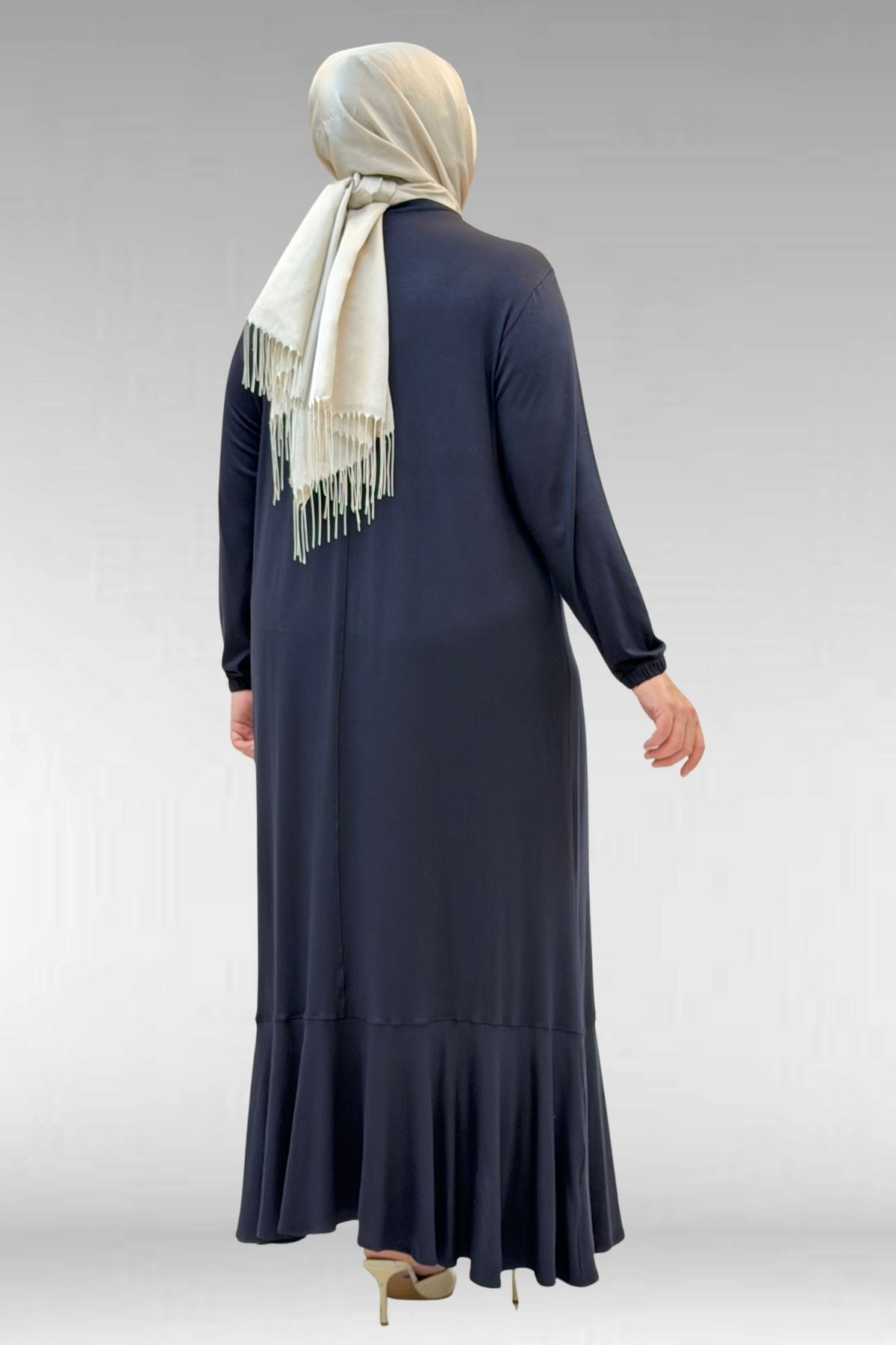 62006 Büyük Beden Önü Çıma Detaylı Penye Elbise - Koyu Lacivert