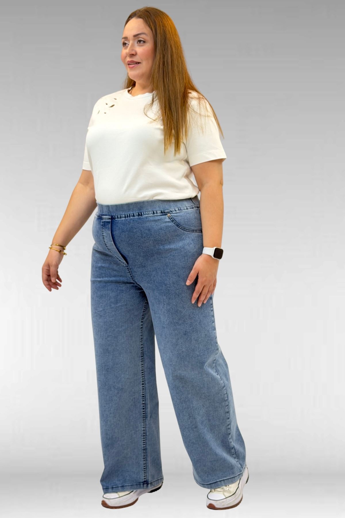 9182-10 Büyük Beden Bolpaça Beli Lastikli Kot Pantolon - Kar Yıkama Mavi