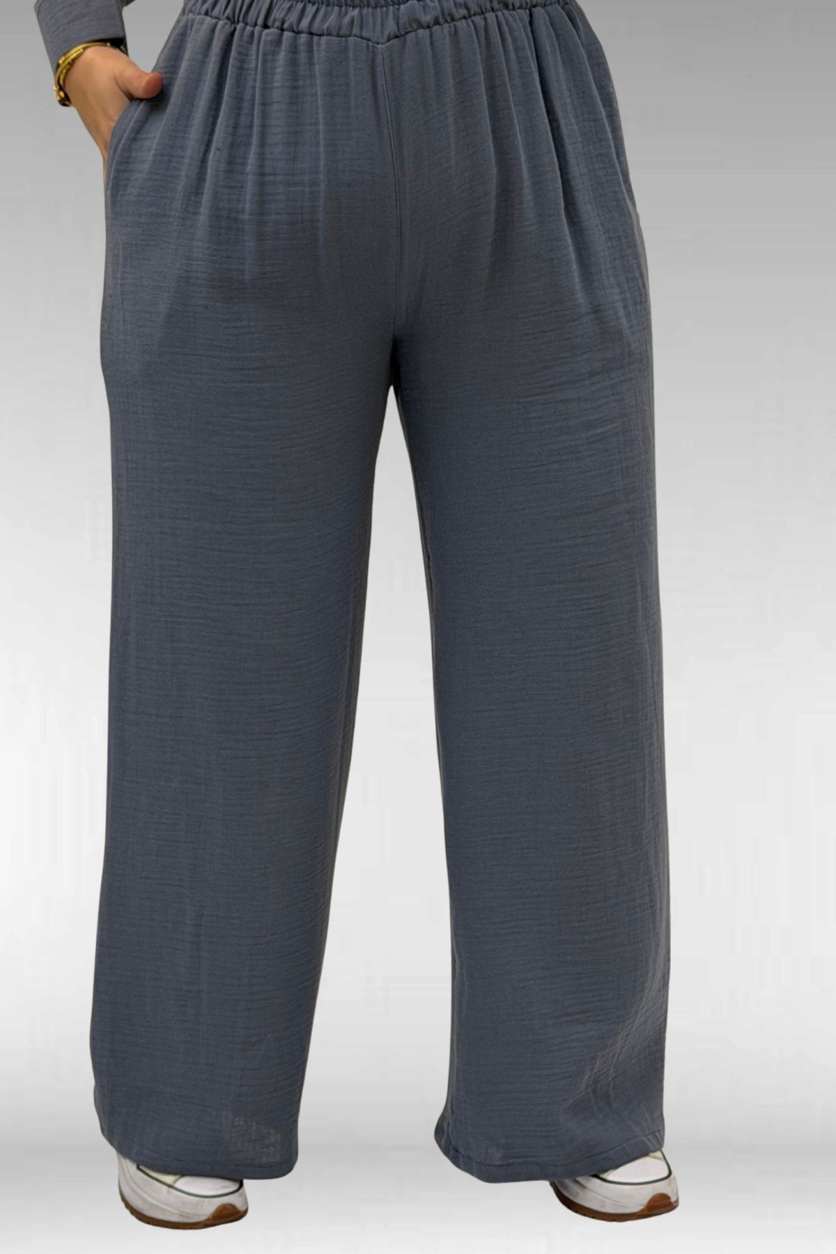 67026 Büyük Beden Erkek Yaka Yarım Fermuarlı Müslin Pantolonlu Takım - Antrasit