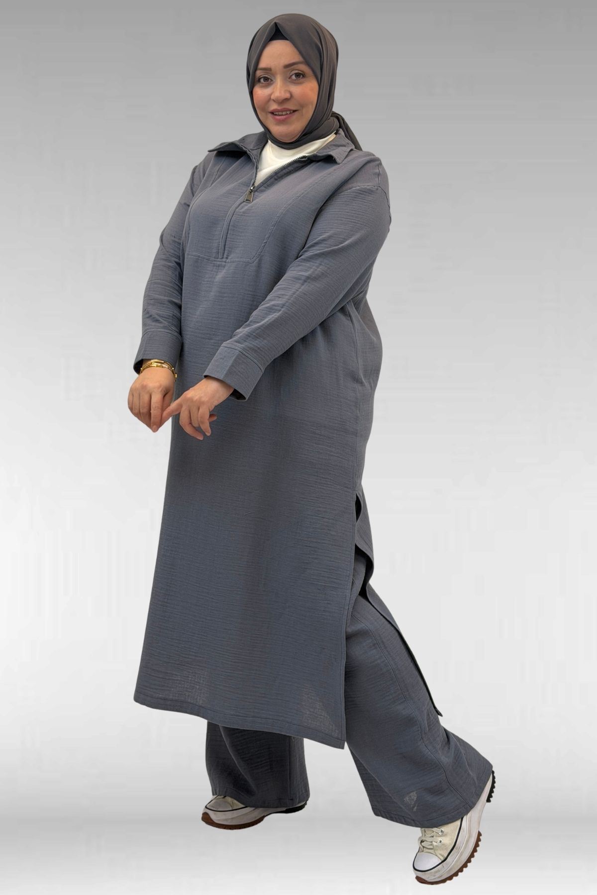 67026 Büyük Beden Erkek Yaka Yarım Fermuarlı Müslin Pantolonlu Takım - Antrasit