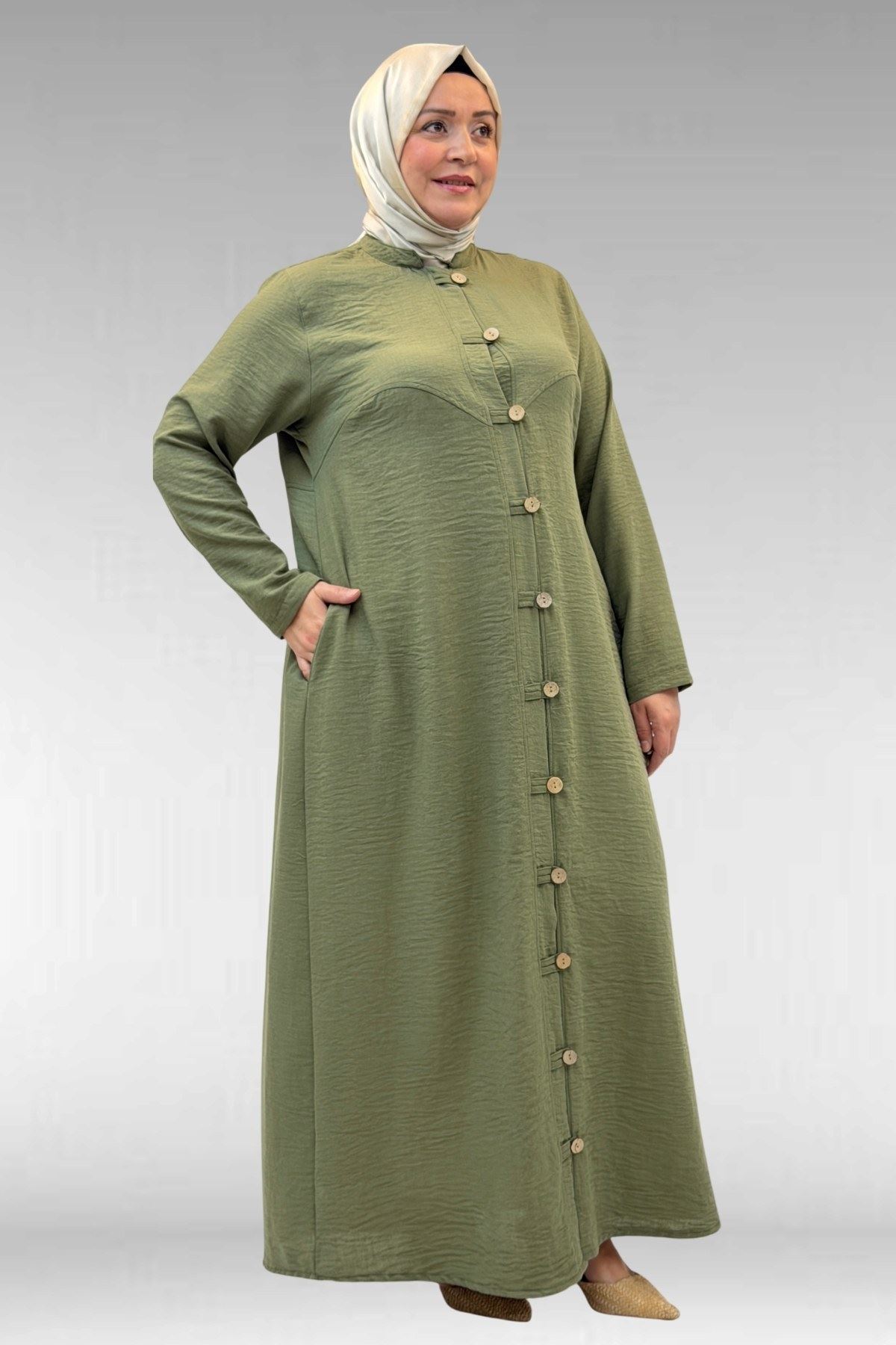 66003 Büyük Beden Boydan Düğmeli Keten Ferace - Haki