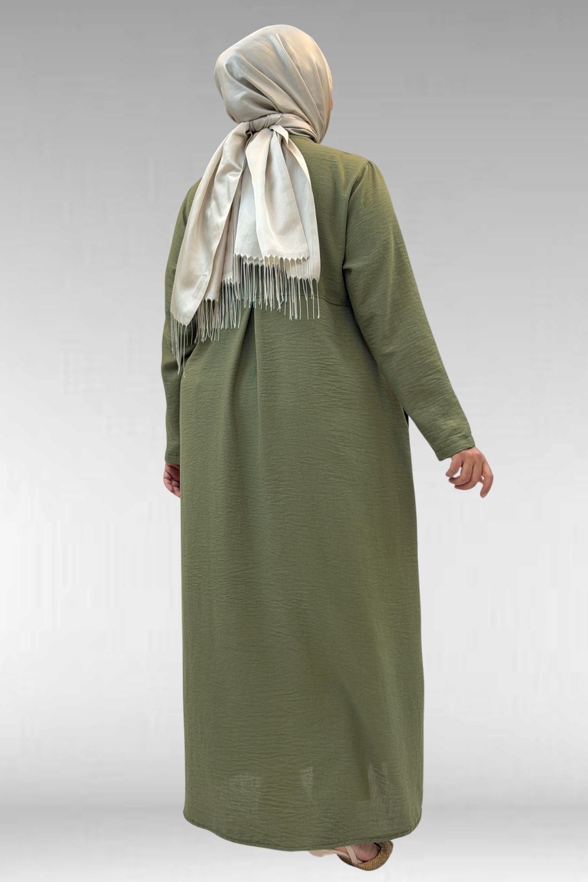 66003 Büyük Beden Boydan Düğmeli Keten Ferace - Haki