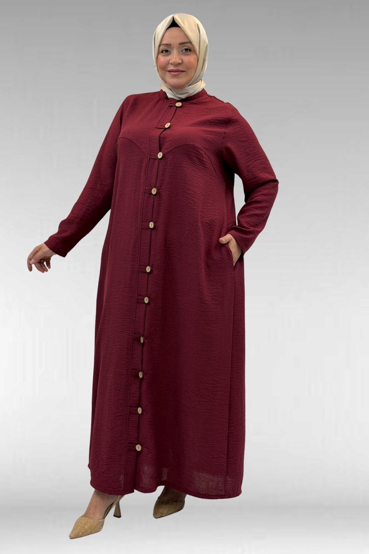 66003 Büyük Beden Boydan Düğmeli Keten Ferace - Bordo