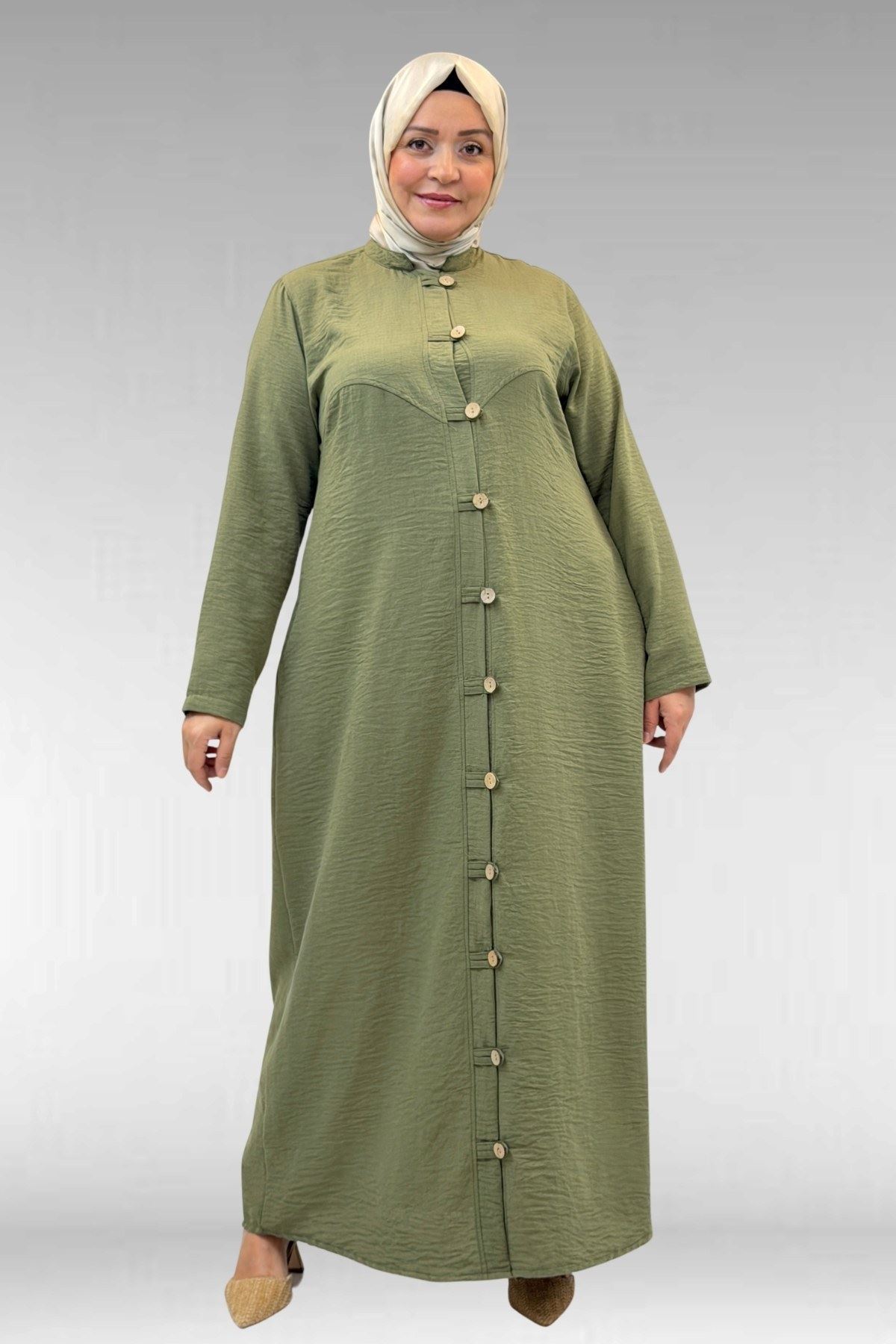 66003 Büyük Beden Boydan Düğmeli Keten Ferace - Haki