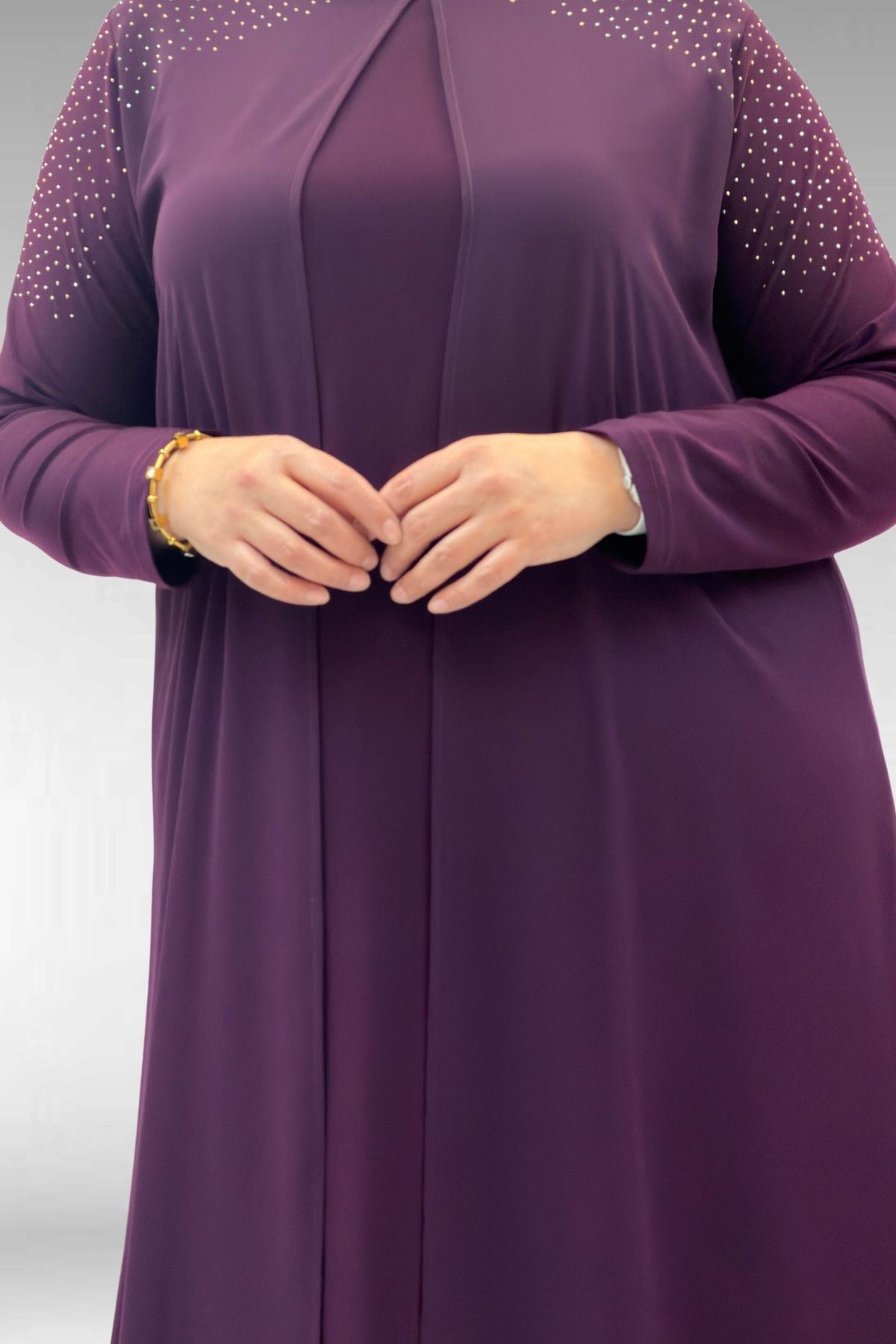 42003 Büyük Beden Taş Detaylı Sandy-Şifon Elbise - Mürdüm