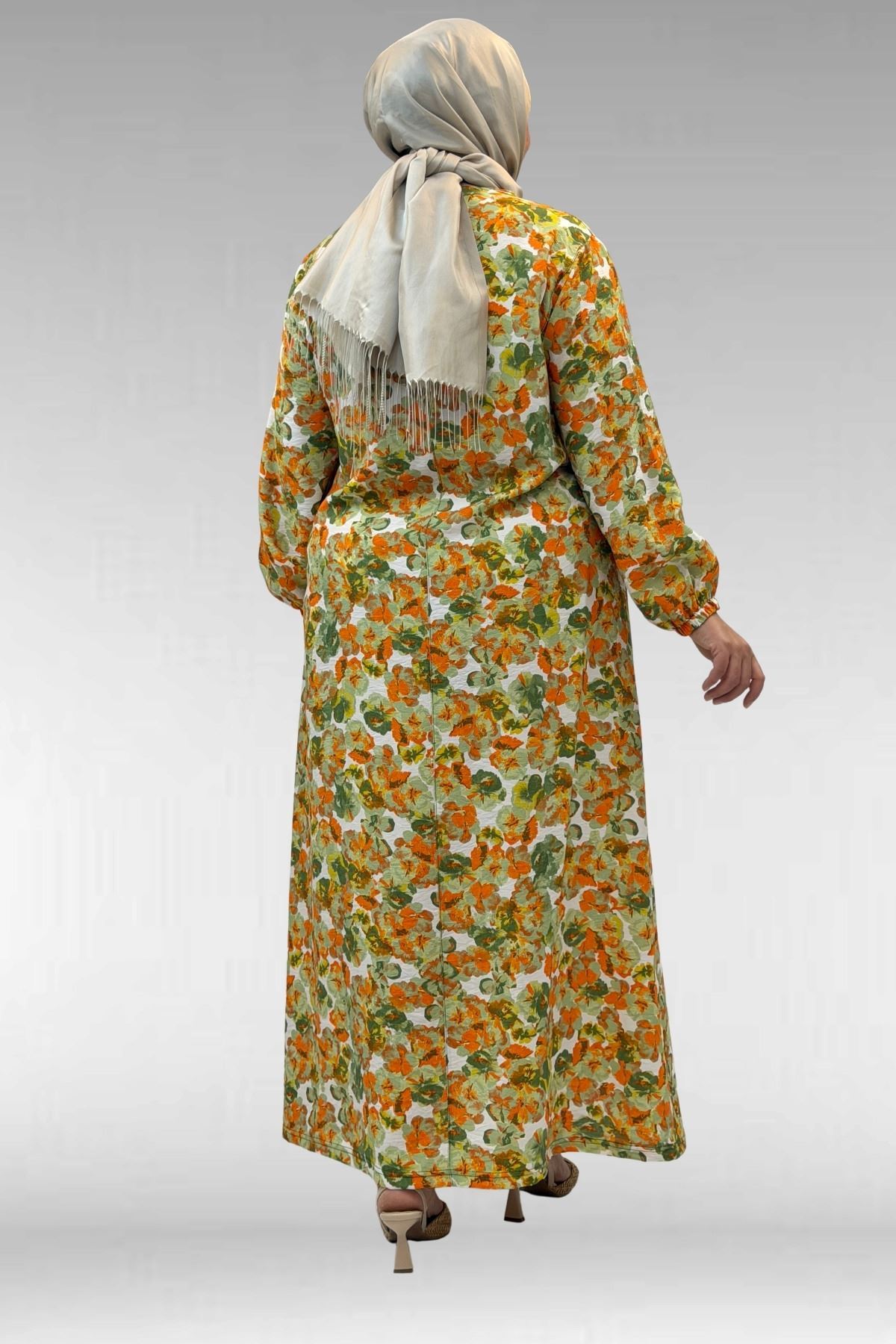 62007 Büyük Beden Kolu Lastikli Elbise - Çiçek Desen Yeşil