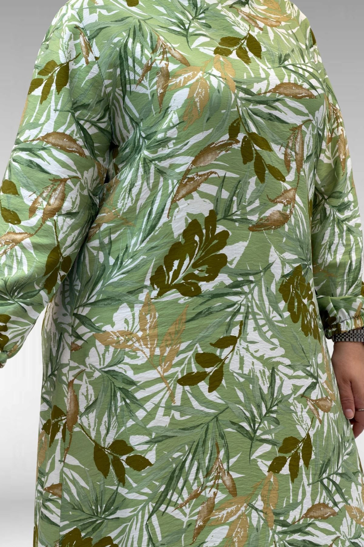 62007 Büyük Beden Kolu Lastikli Elbise - Desenli Haki