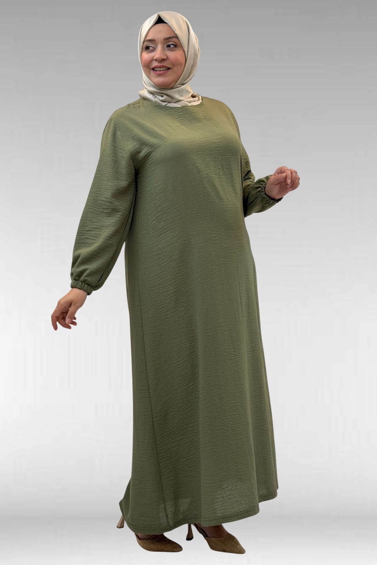 62007 Büyük Beden Kolu Lastikli Elbise - Haki