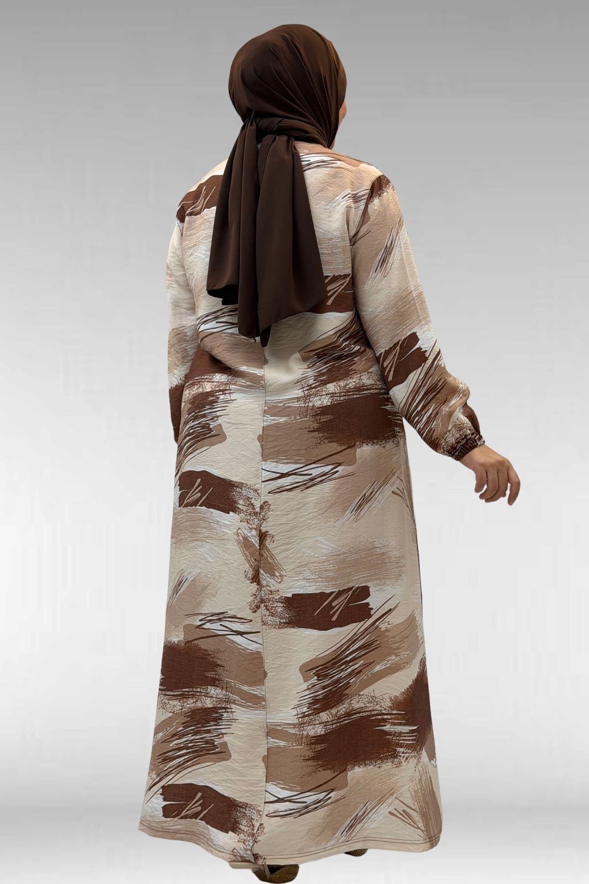 62007 Büyük Beden Kolu Lastikli Elbise - Desenli Çikolata Kahve