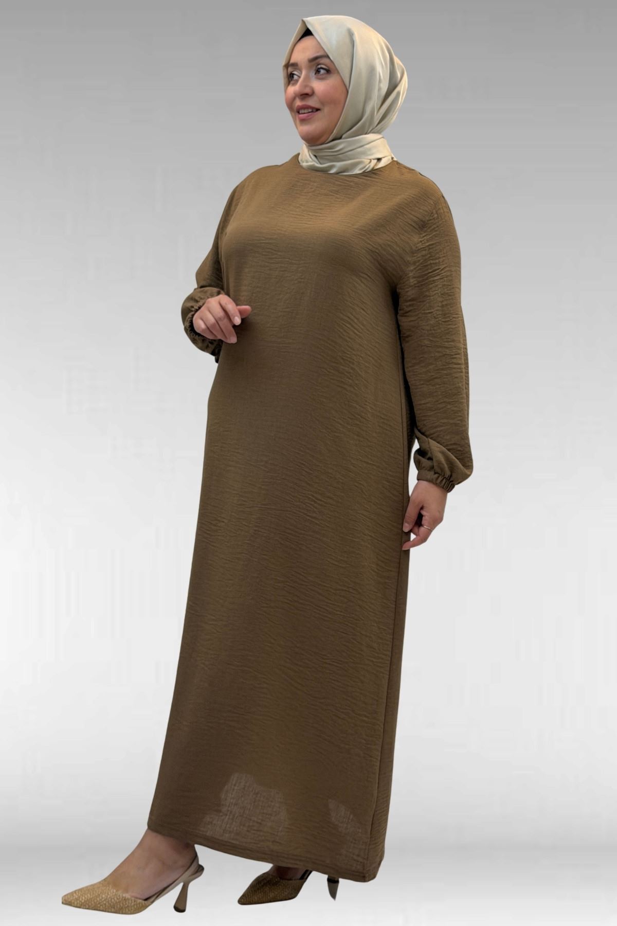 62007 Büyük Beden Kolu Lastikli Elbise - Vizon