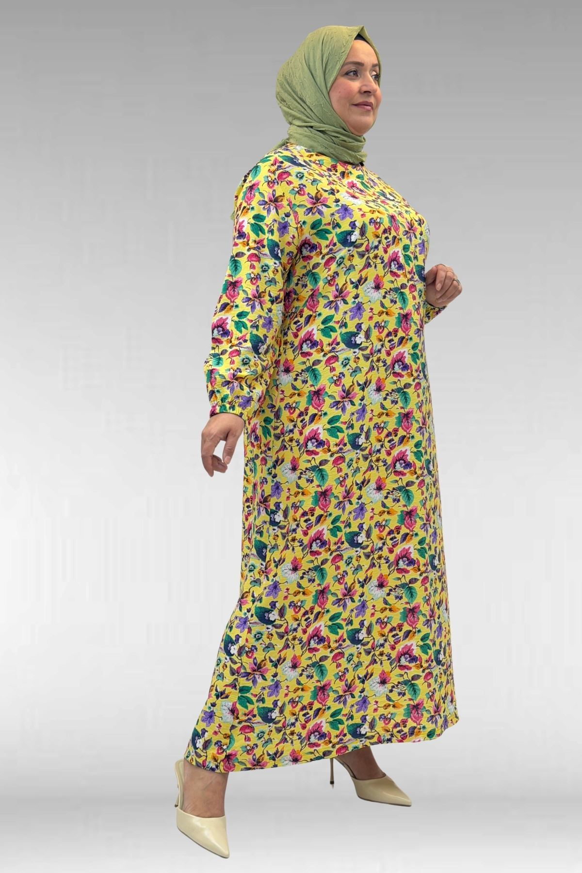 62007 Büyük Beden Kolu Lastikli Elbise - Desenli Sarı