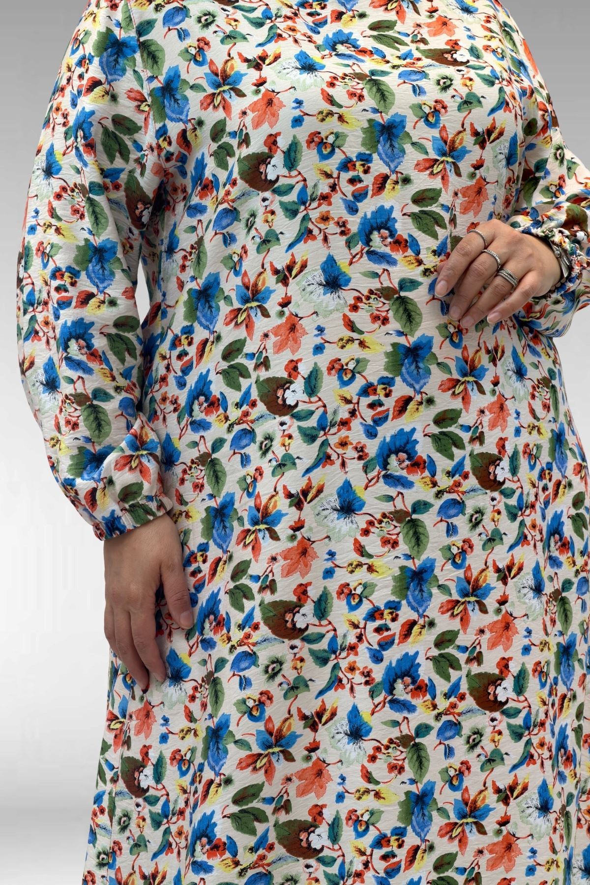 62007 Büyük Beden Kolu Lastikli Elbise - Desenli Taş