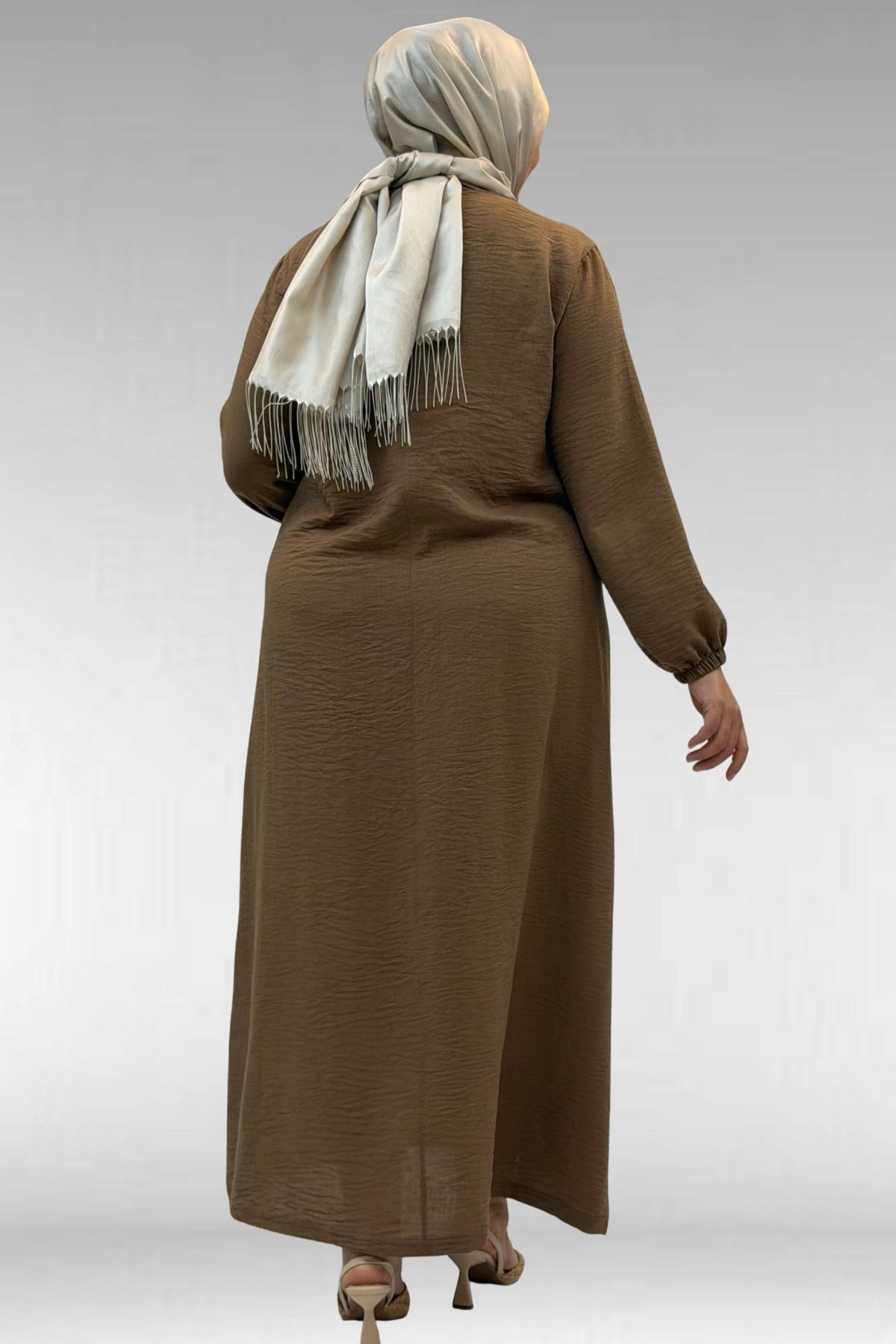 62007 Büyük Beden Kolu Lastikli Elbise - Vizon