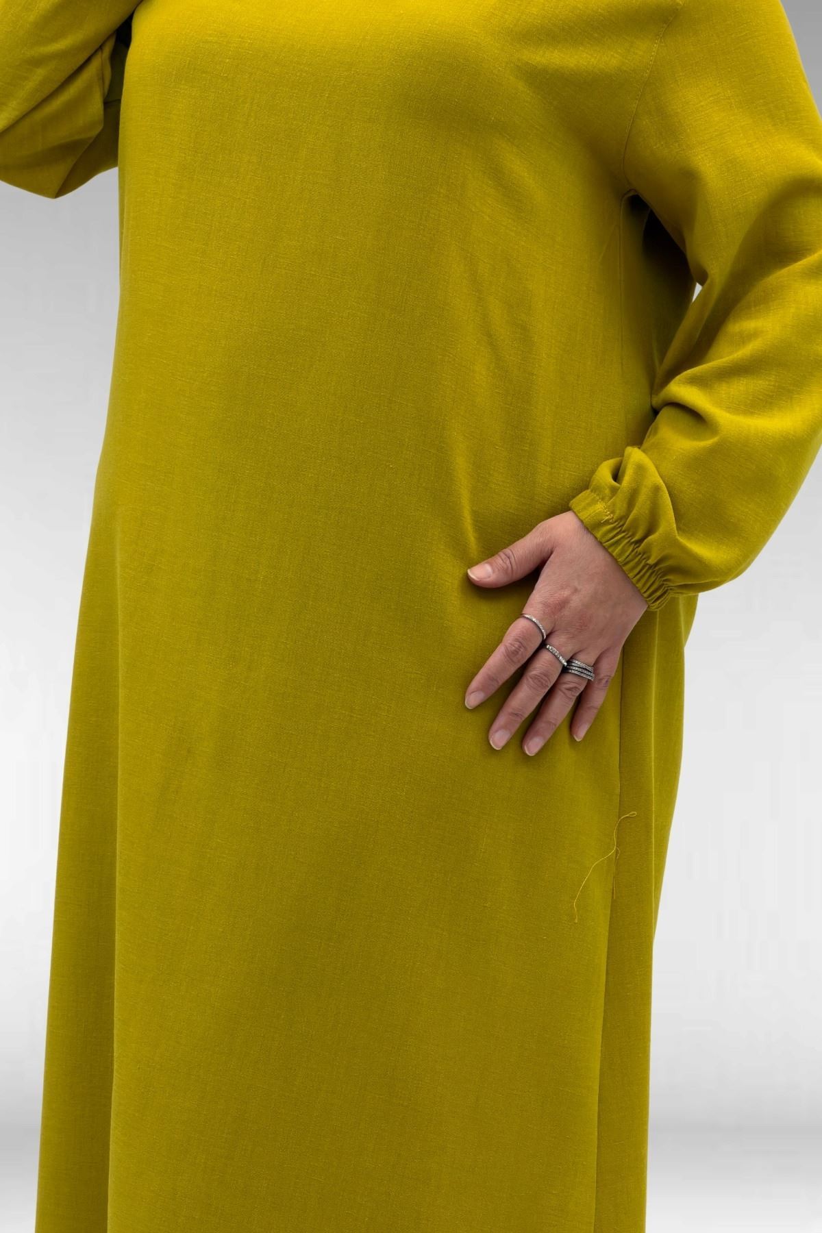 62007 Büyük Beden Kolu Lastikli Elbise - Yağ Yeşili