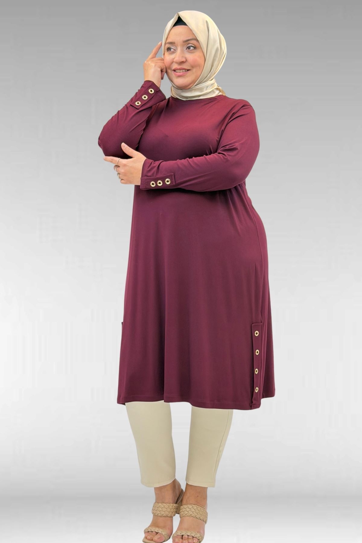 68029 Büyük Beden Yanları Kuşgözü Detaylı Penye Tunik - Bordo
