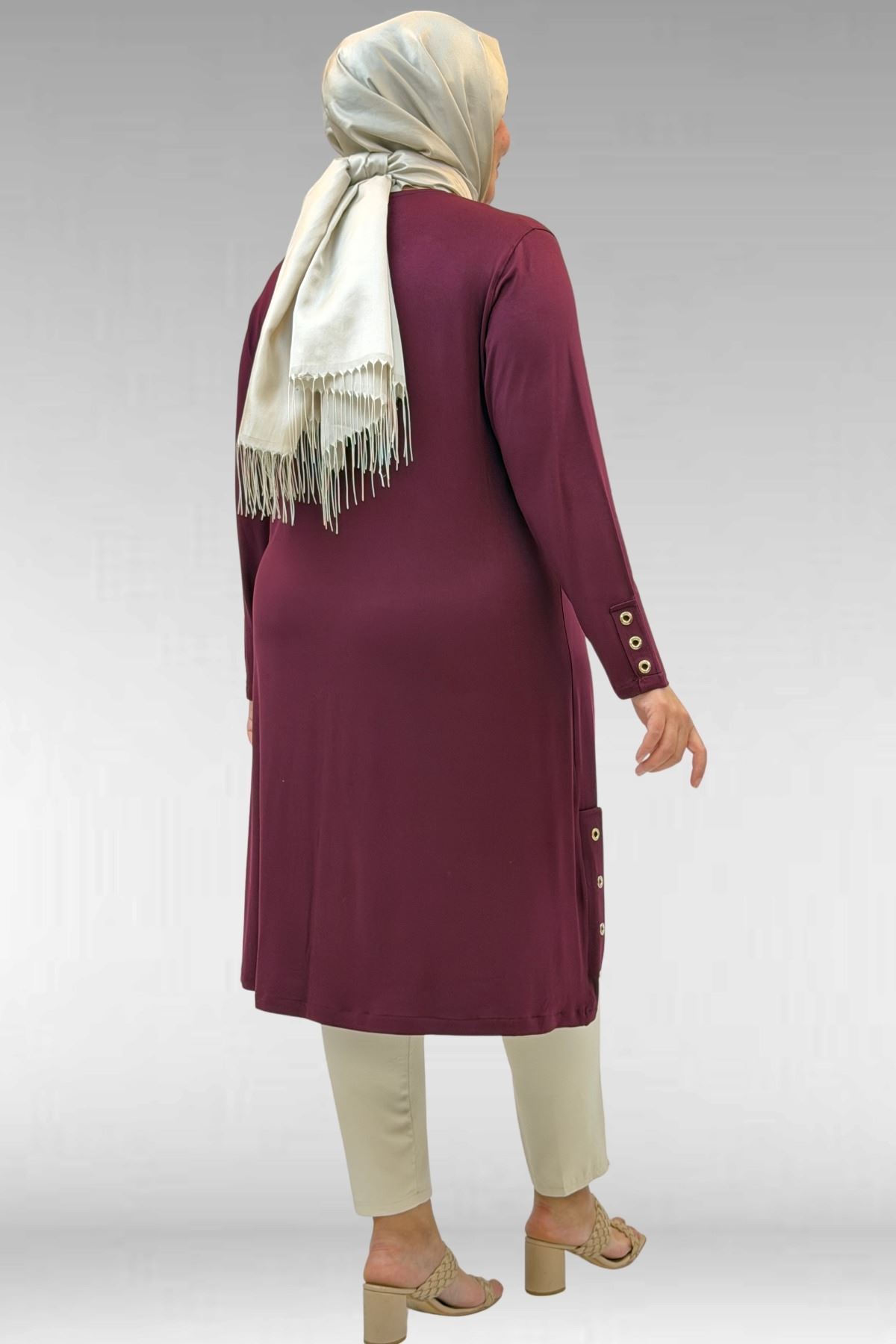 68029 Büyük Beden Yanları Kuşgözü Detaylı Penye Tunik - Bordo
